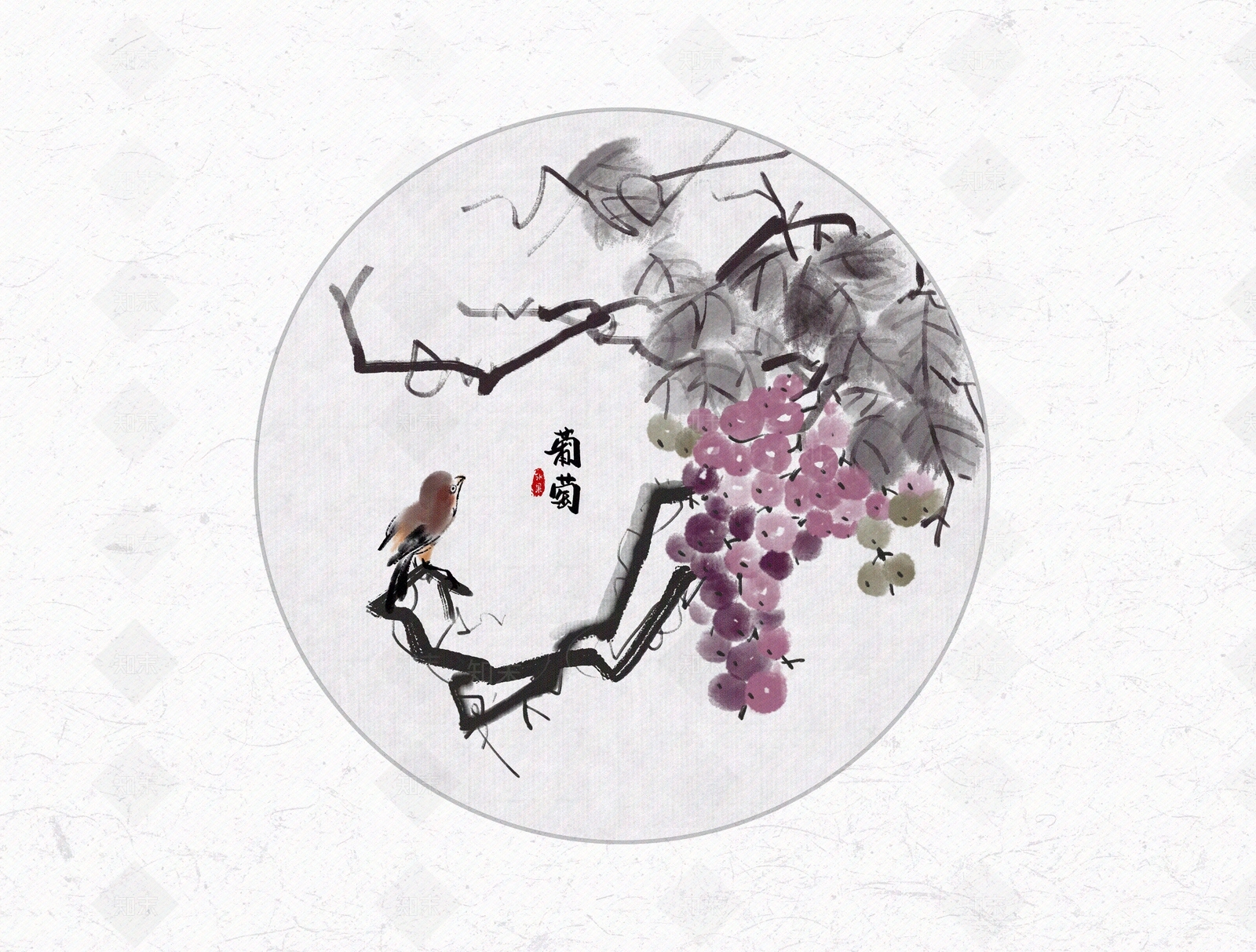 中式水墨葡萄和小鸟圆形装饰画贴图下载【ID:1157014857】