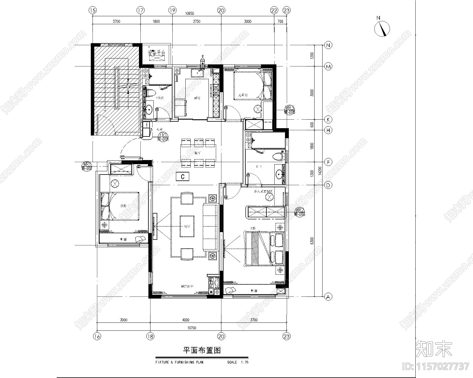 C户型cad施工图下载【ID:1157027737】