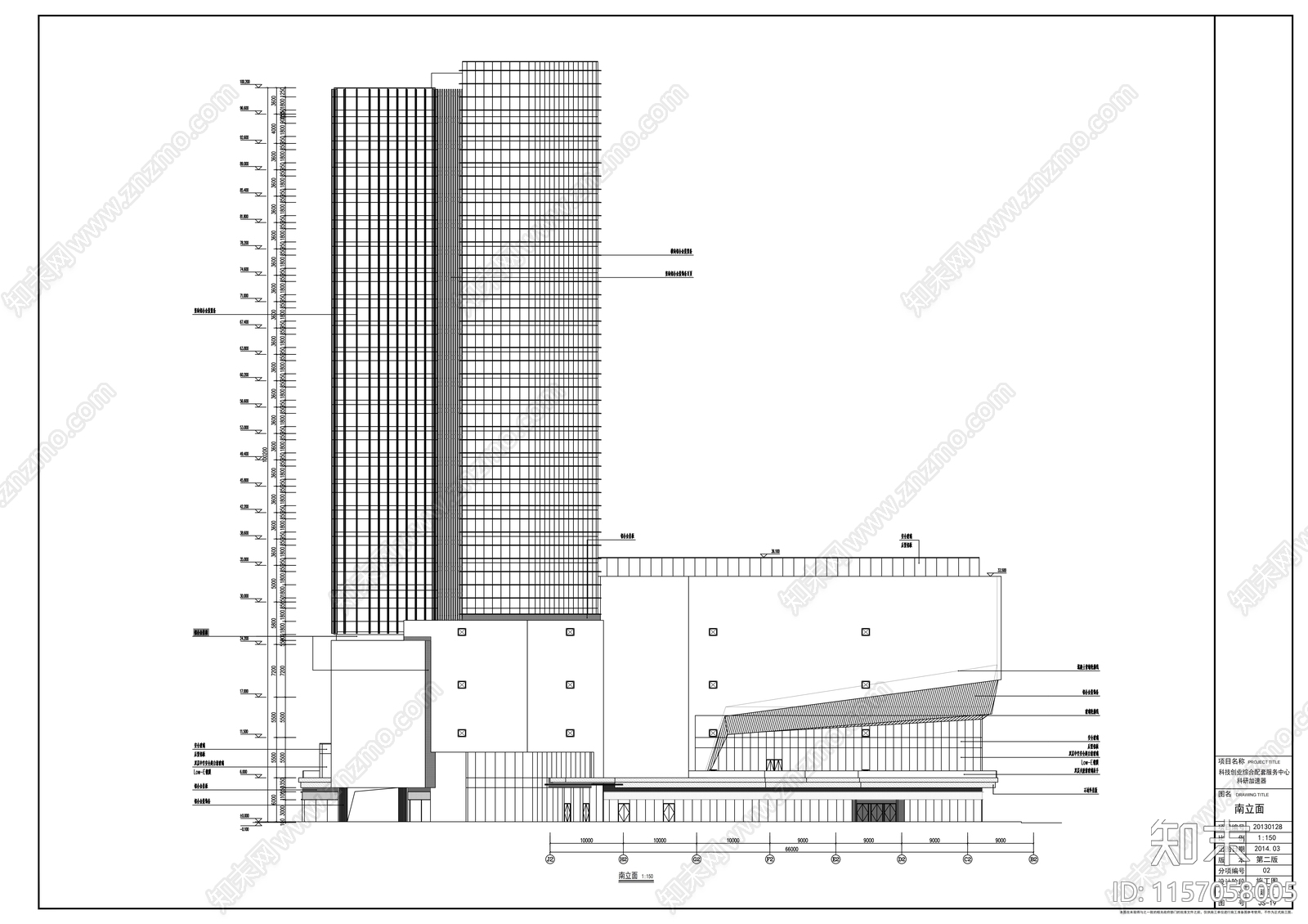 超高层铝合金墙面带底商研发办公楼建cad施工图下载【ID:1157058005】