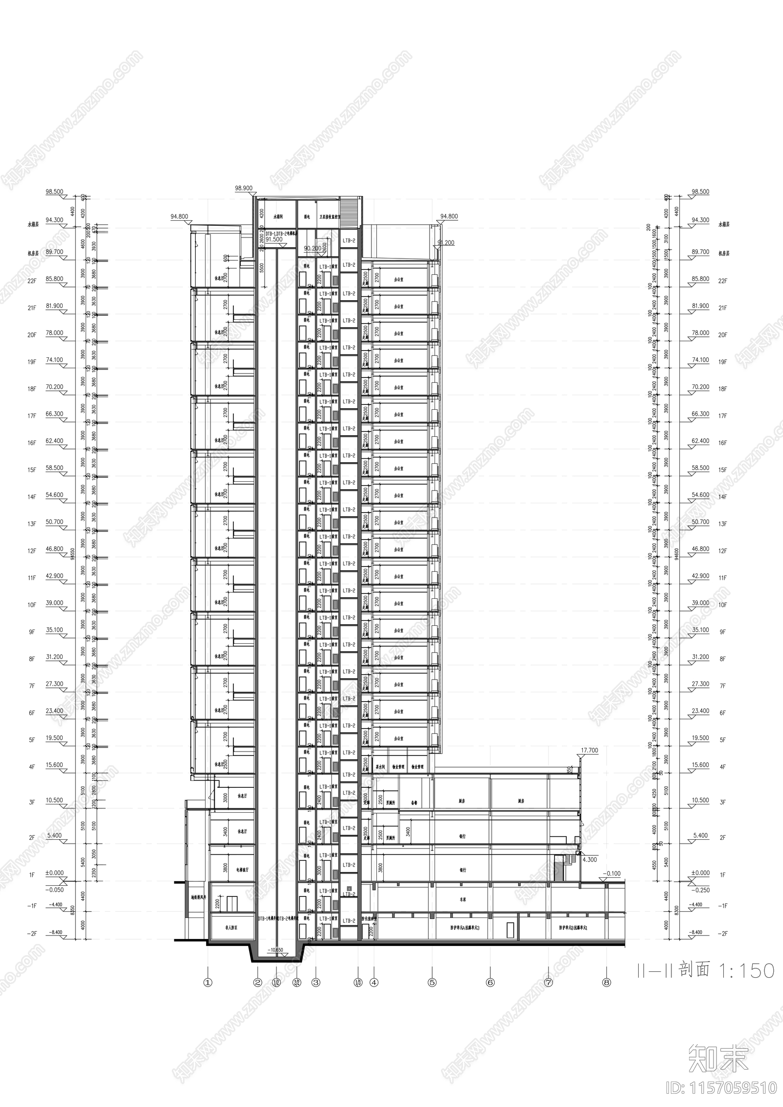 二十二层现代办公综合体建cad施工图下载【ID:1157059510】