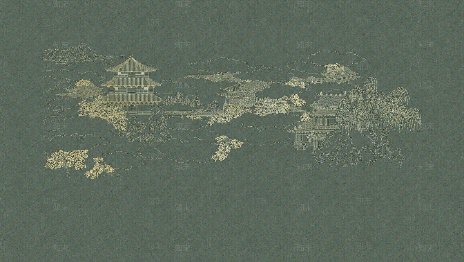 绿色新中式建筑壁画壁纸硬包贴图下载【ID:1157061684】