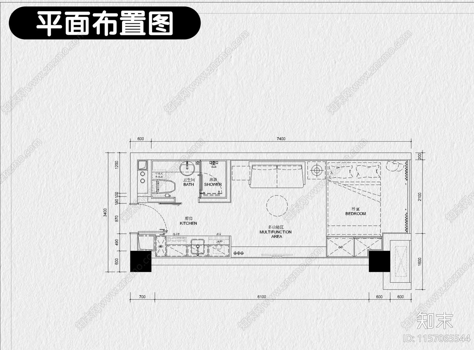 小户型公寓装修设计酒店单身公寓室内家装一居室效果图施工图下载【ID:1157065544】