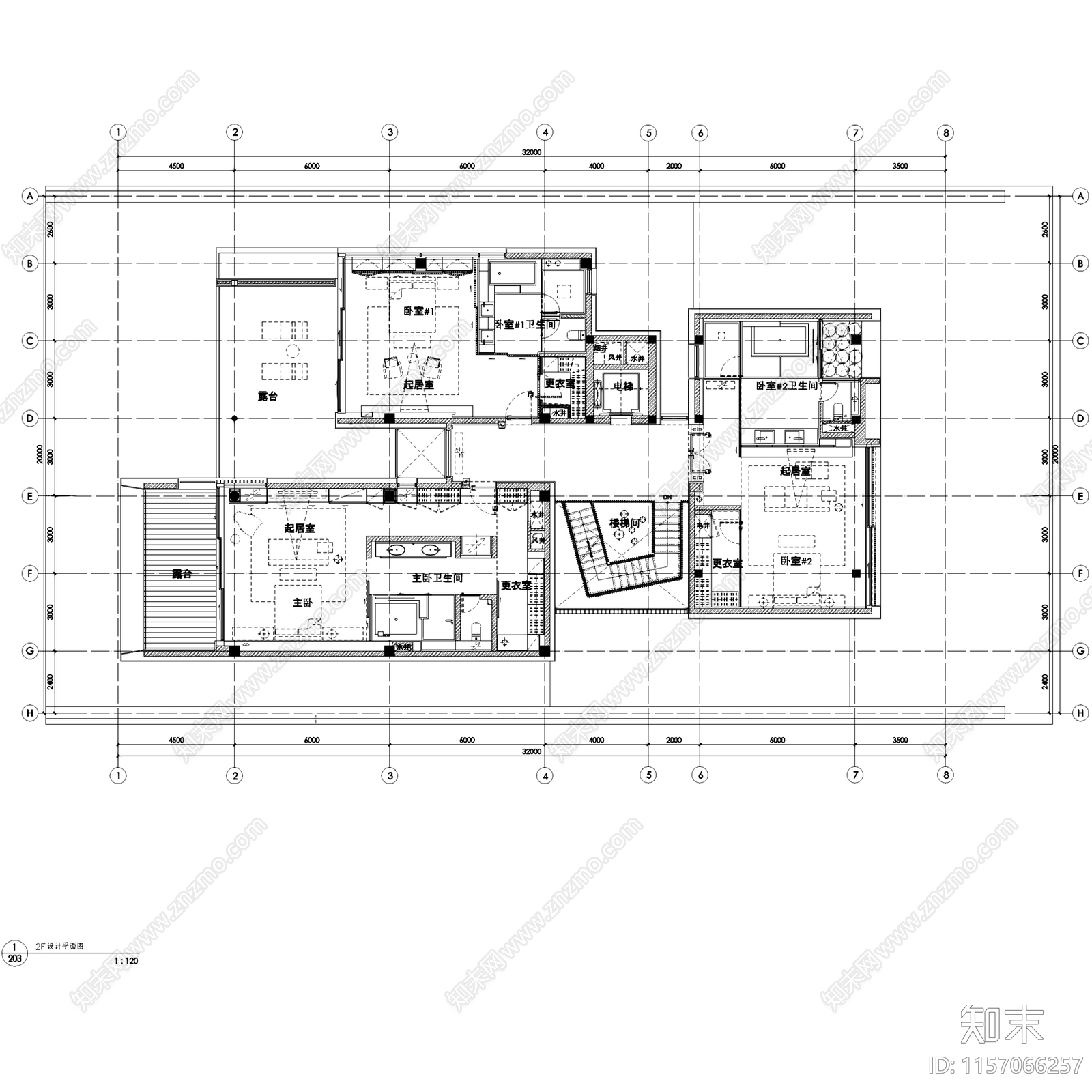 现代简约三亚海棠湾四季酒店别墅三层室内家装cad施工图下载【ID:1157066257】