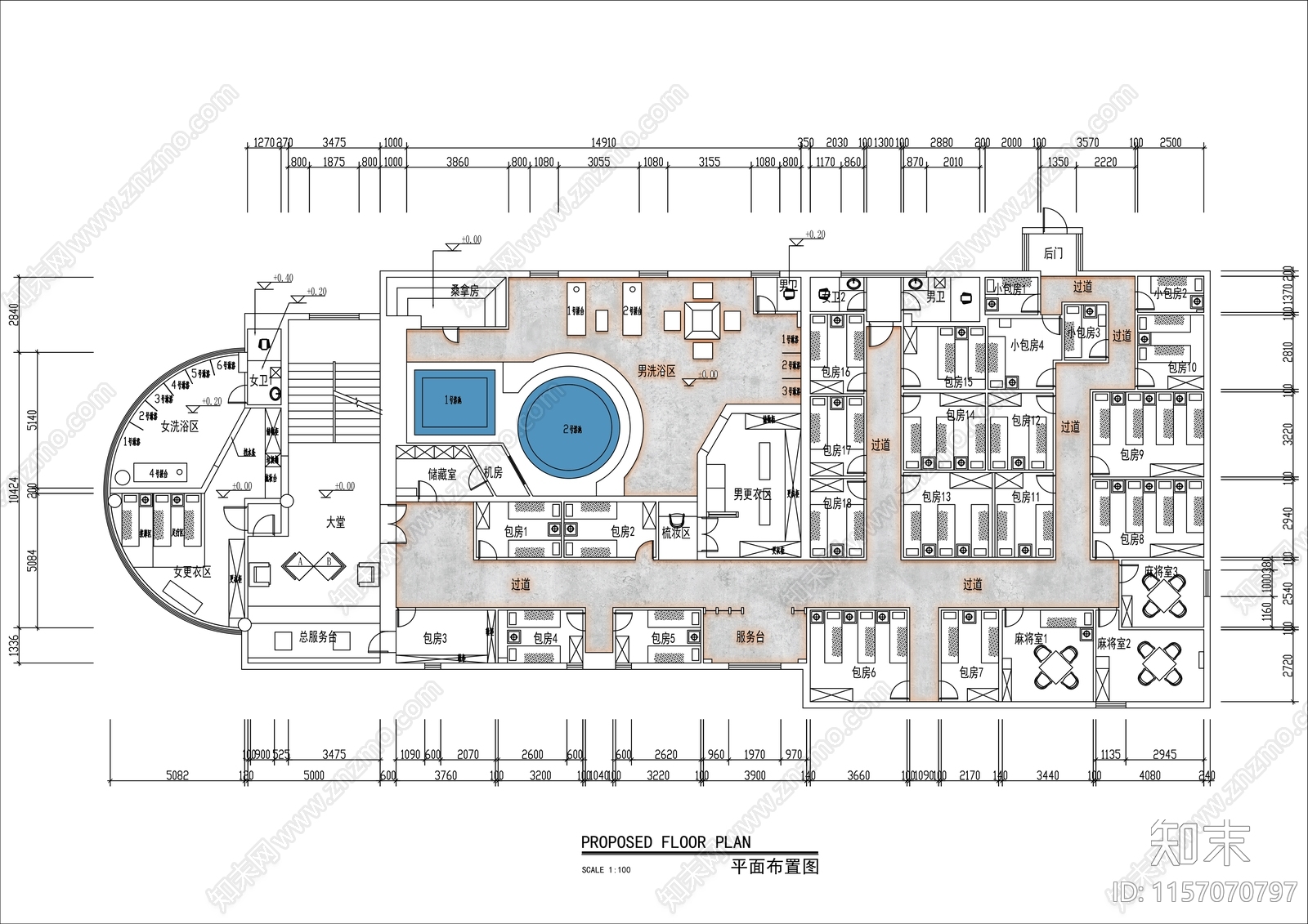 600㎡桑拿SPA洗浴中心平面布置图施工图下载【ID:1157070797】