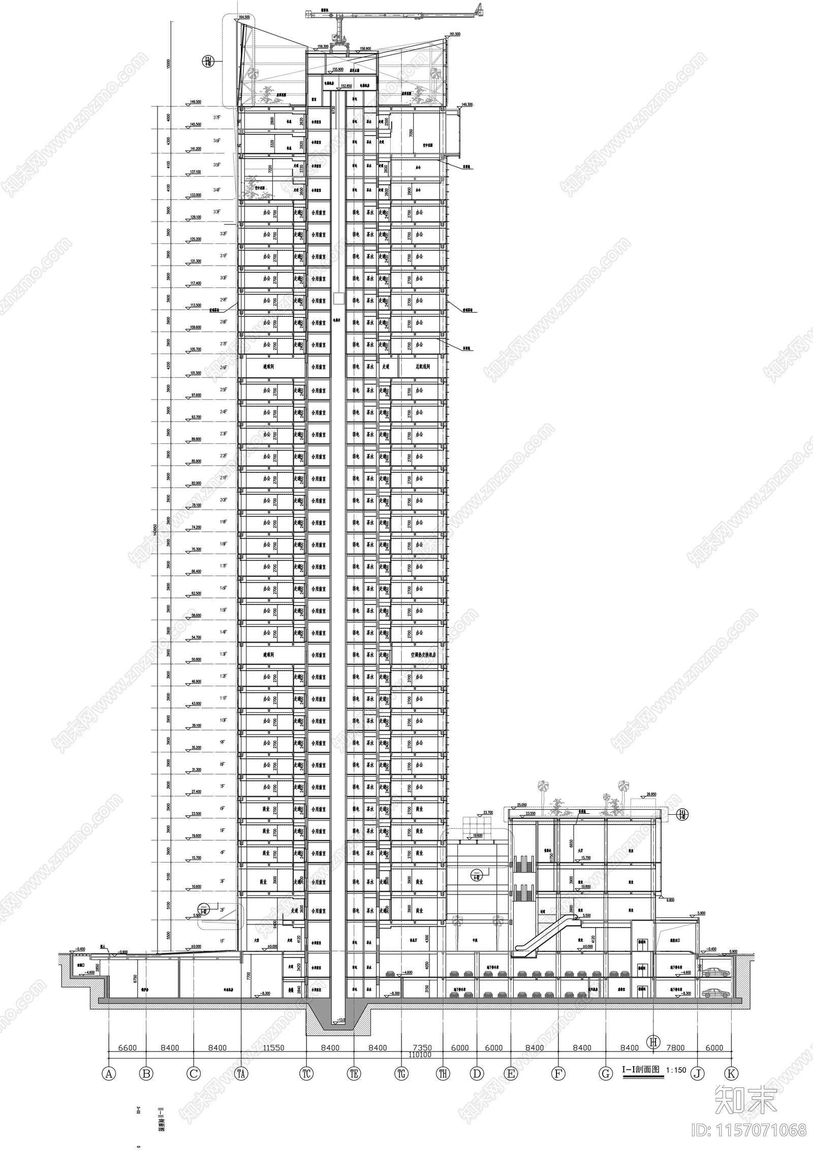 三十七层国际贸易中心办公楼建cad施工图下载【ID:1157071068】
