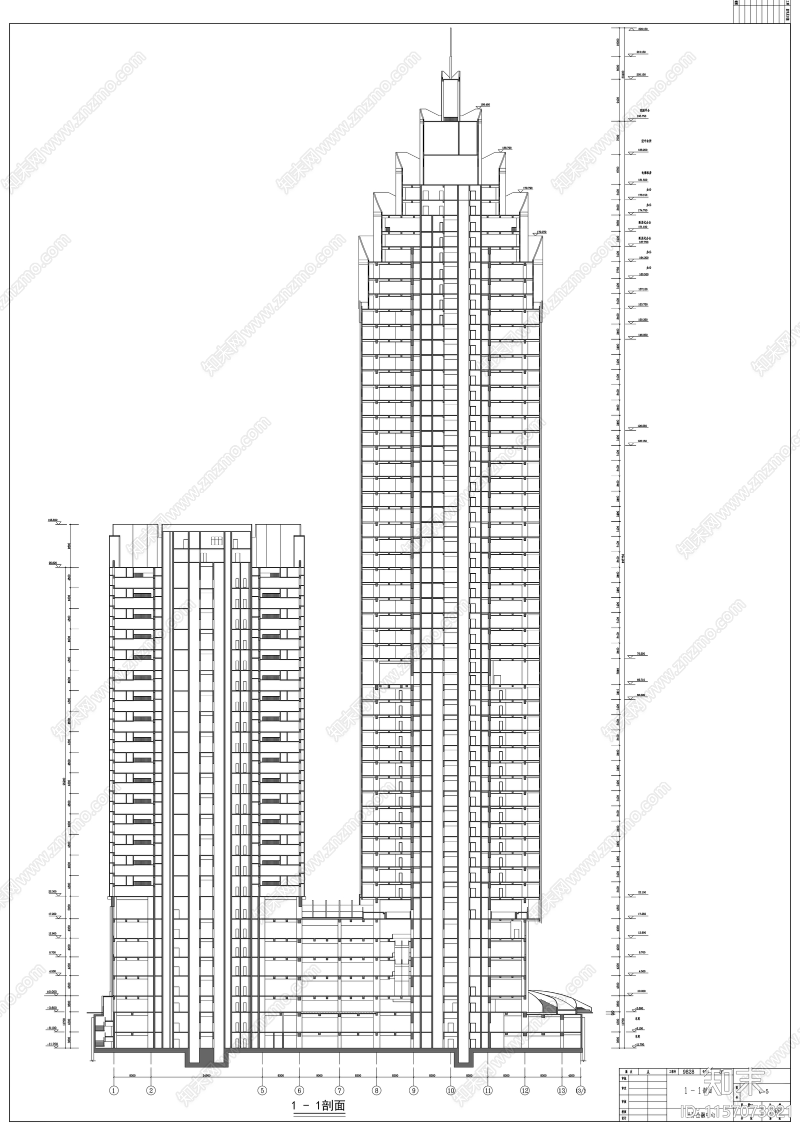 四十四层办公楼建cad施工图下载【ID:1157073821】