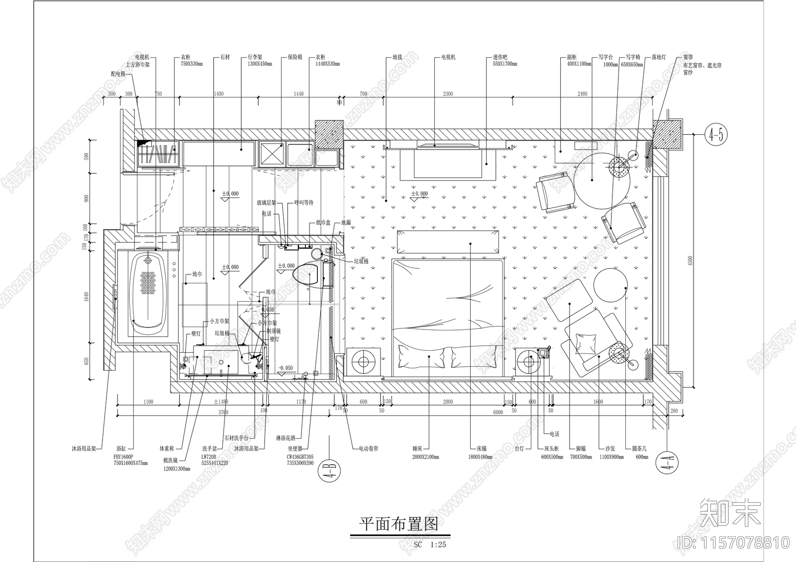 星级酒店标准间大床房室内精装修cad施工图下载【ID:1157078810】