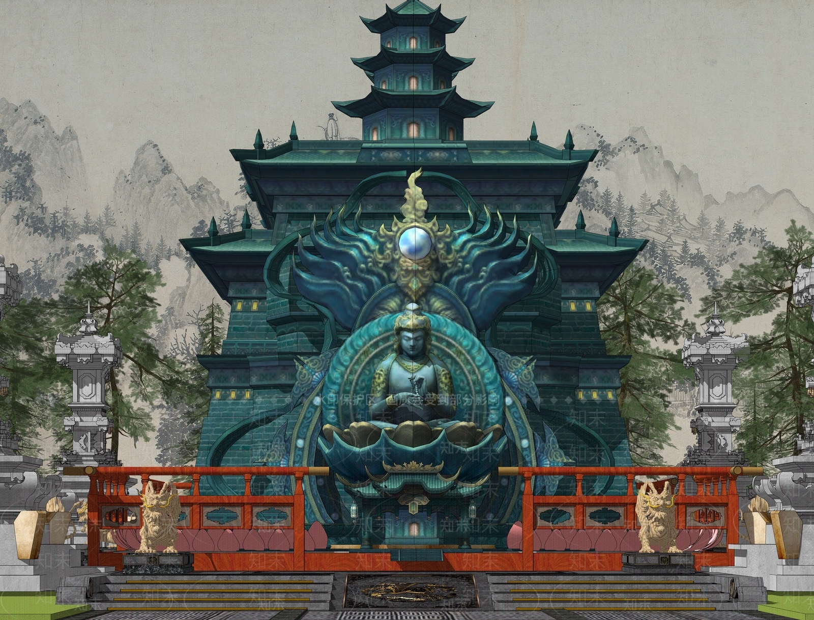 现代观音神像佛塔雕塑SU模型下载【ID:1157083456】