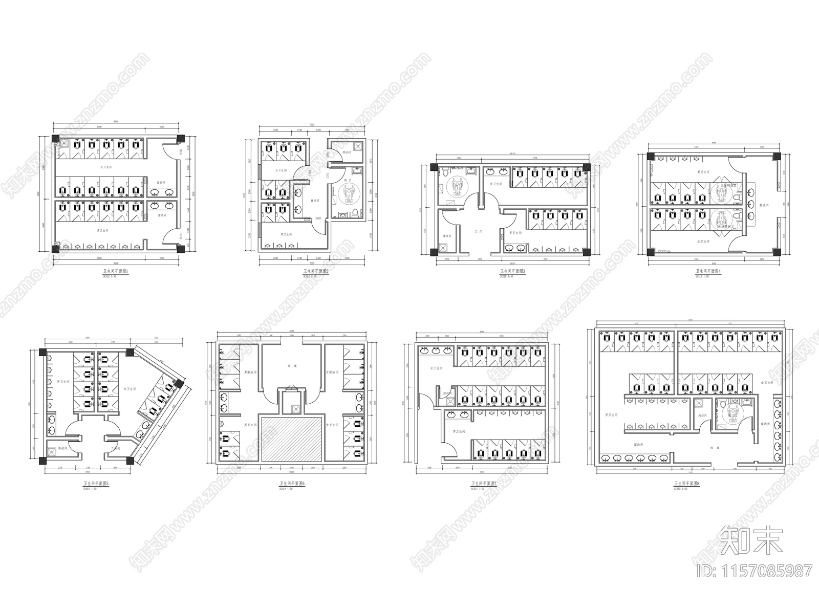公共卫生间室内平面图cad施工图下载【ID:1157085987】
