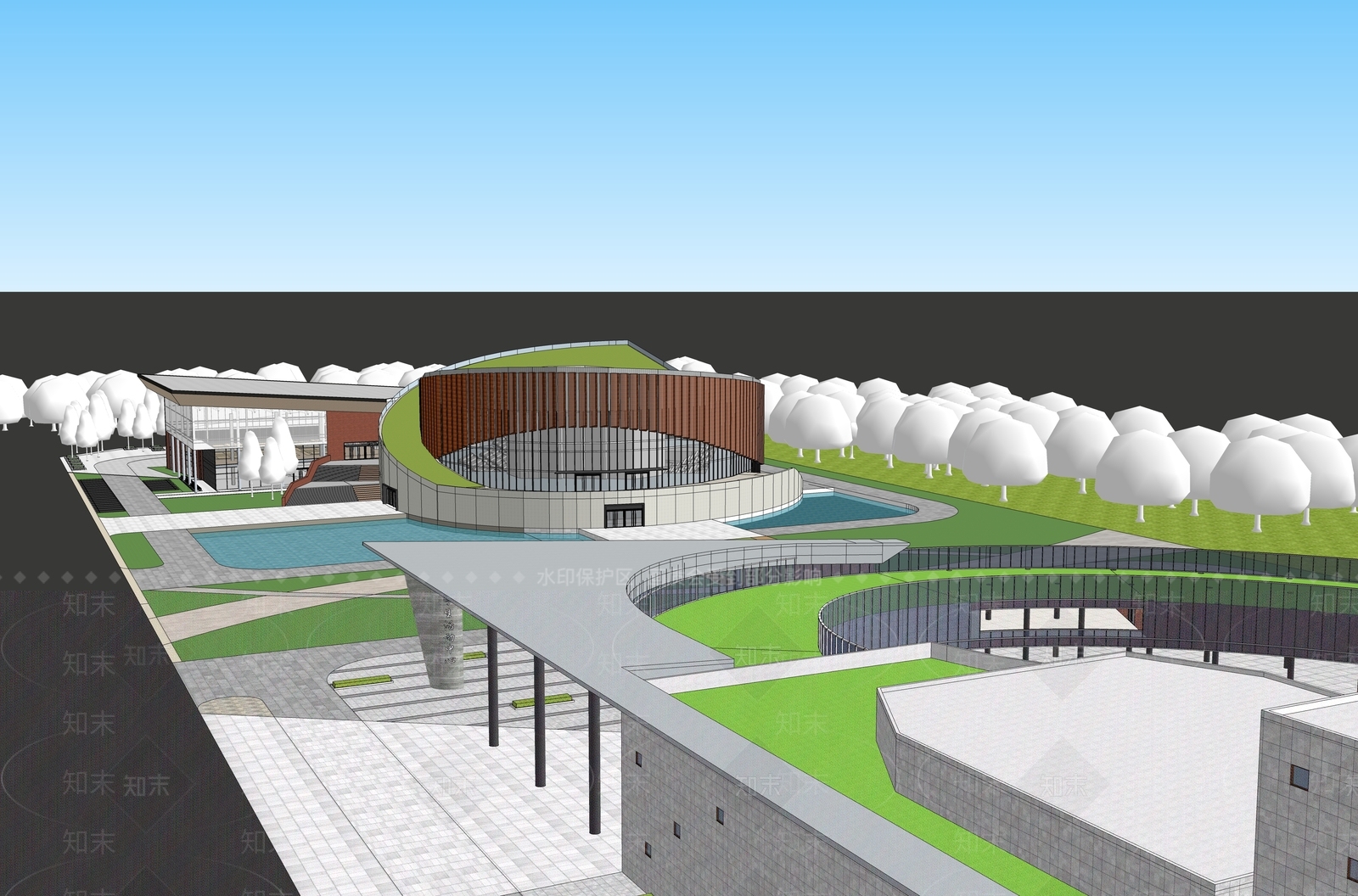 现代校园文化场馆建筑SU模型下载【ID:1157090956】