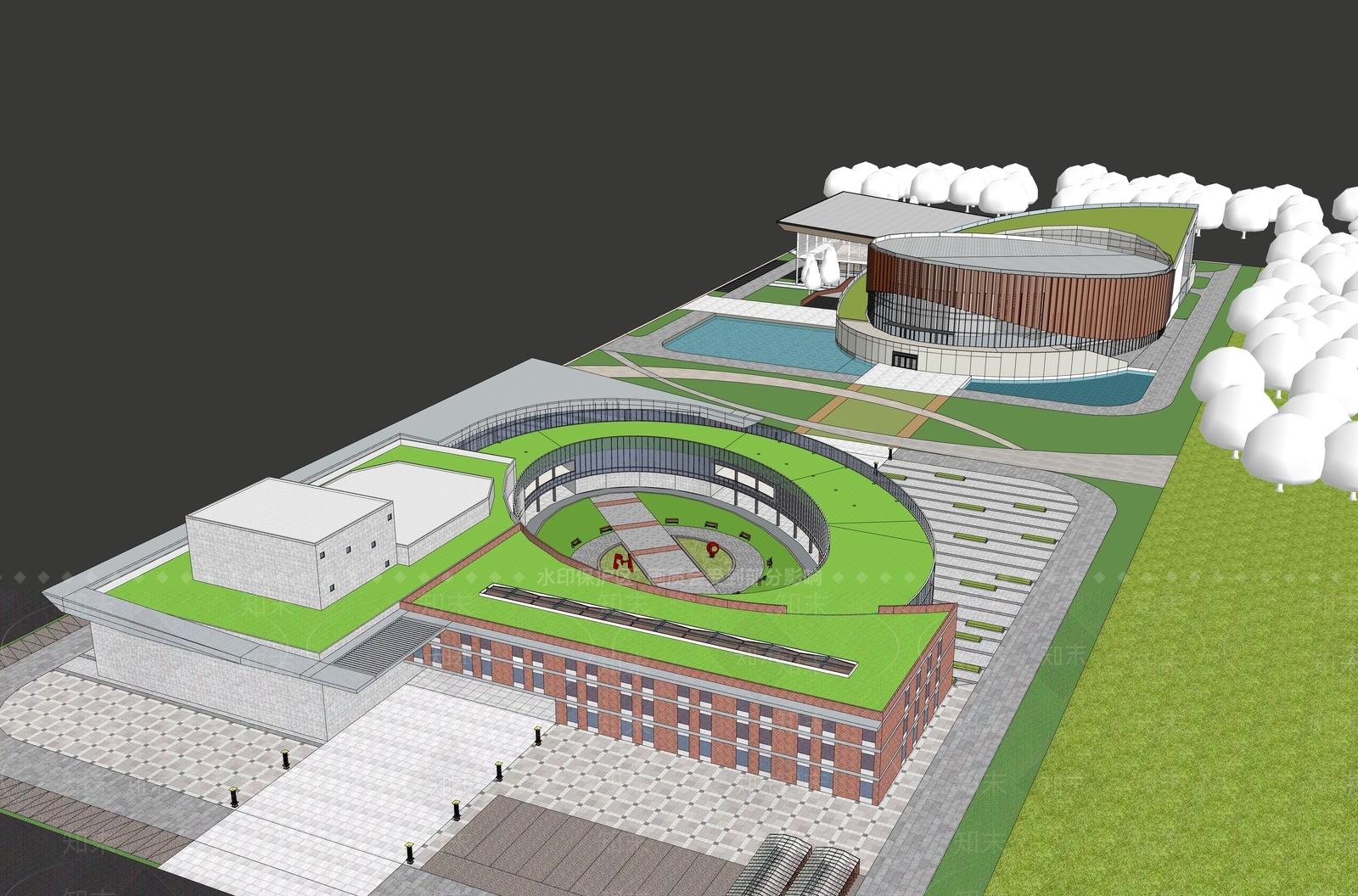 现代校园文化场馆建筑SU模型下载【ID:1157090956】