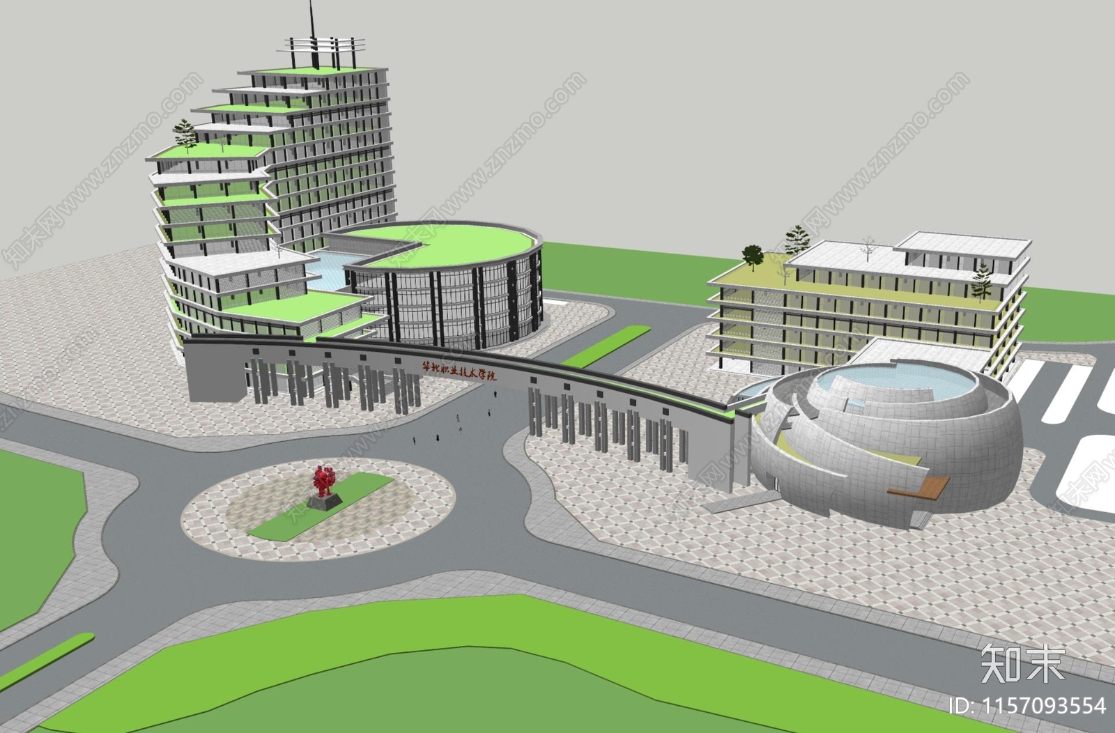 现代大学校园大门入口景观建筑整体SU模型下载【ID:1157093554】