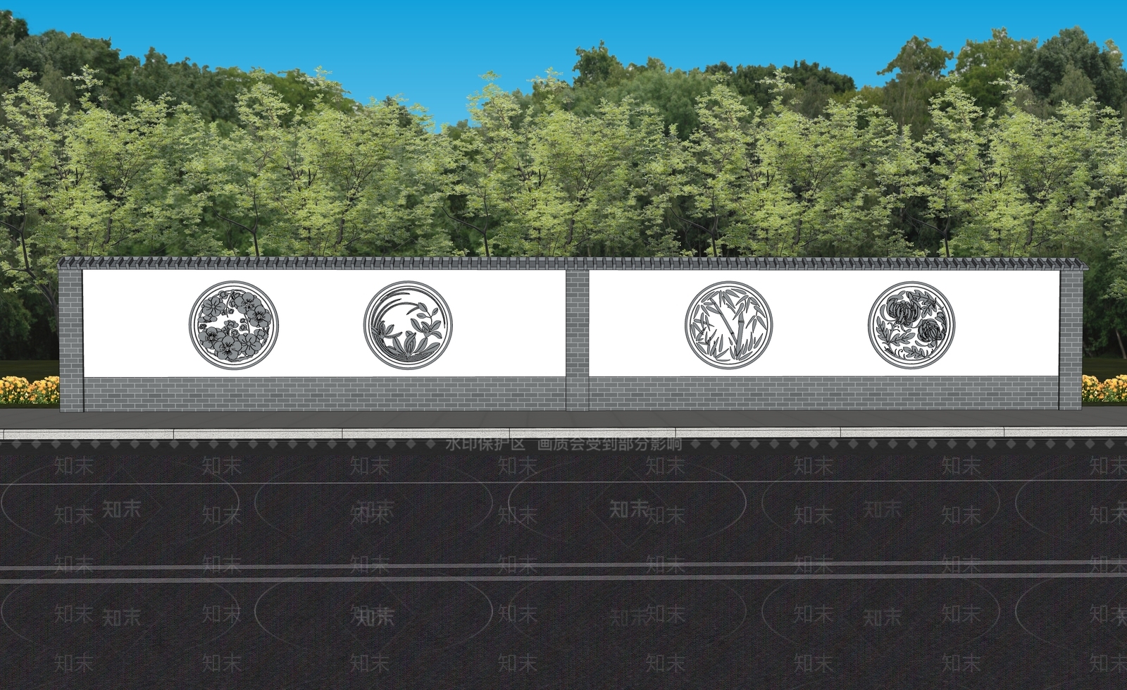 中式梅兰竹菊浮雕墙SU模型下载【ID:1157120225】