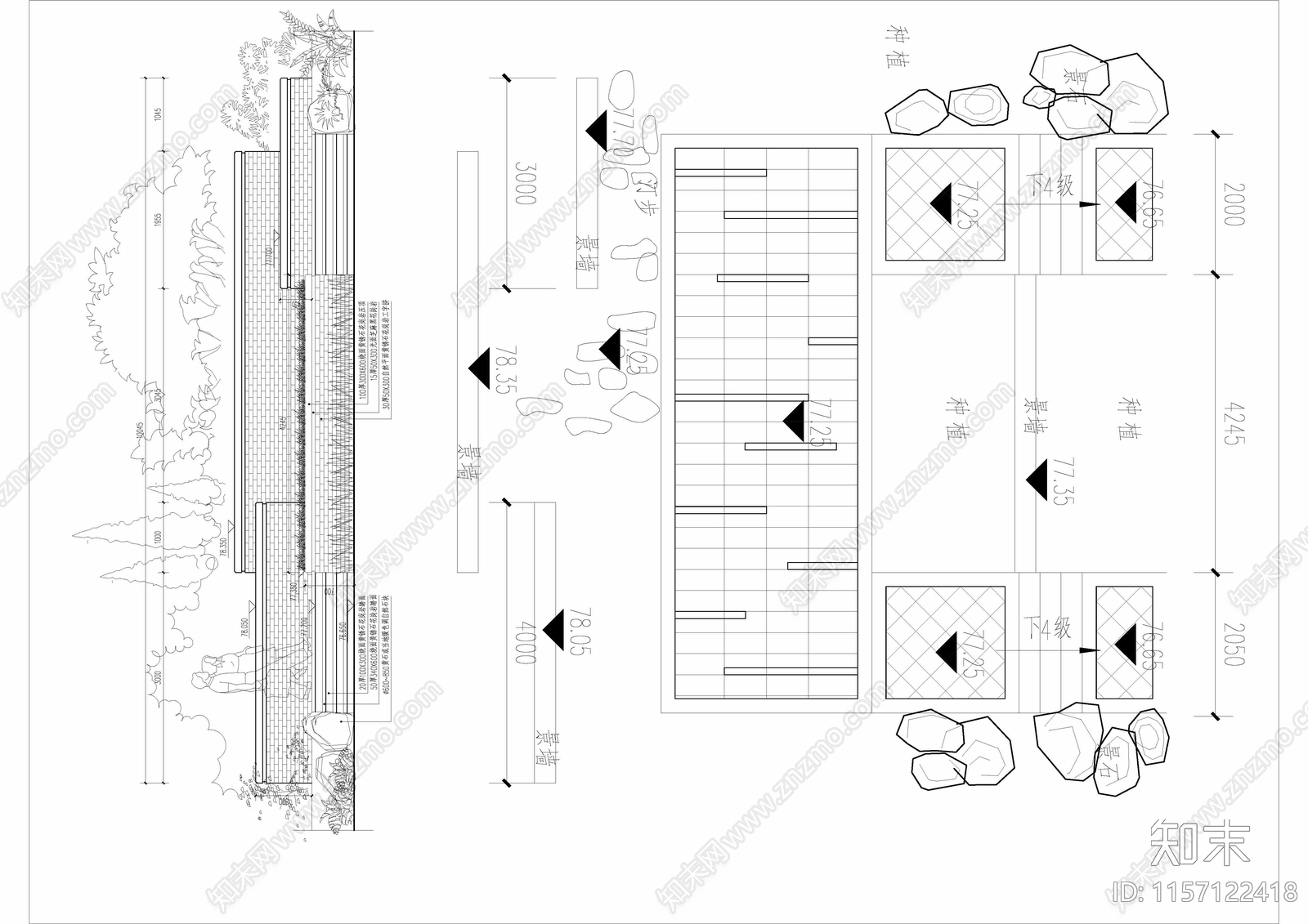 屋顶花园铺装平面树池台阶矮景墙做法详图cad施工图下载【ID:1157122418】