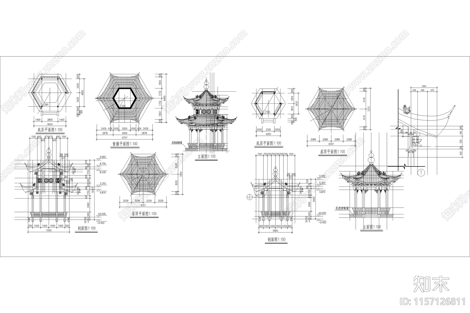 重檐六角亭廊古建筑详图cad施工图下载【ID:1157126811】