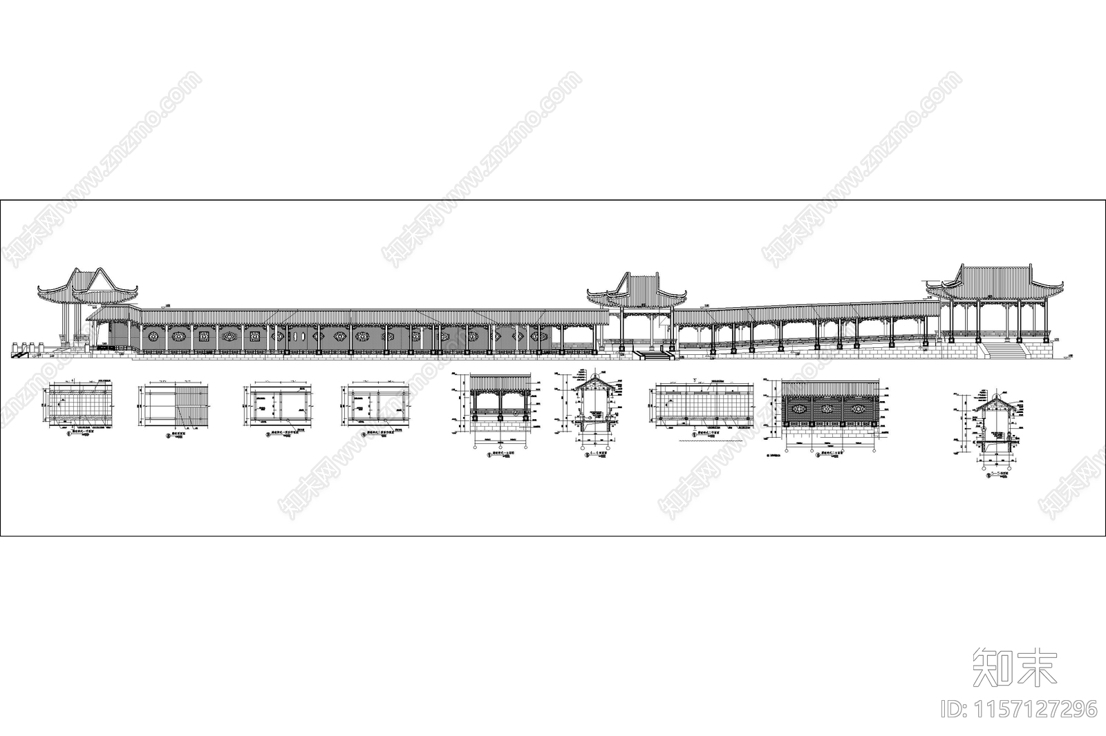 景观长廊古建筑详图cad施工图下载【ID:1157127296】