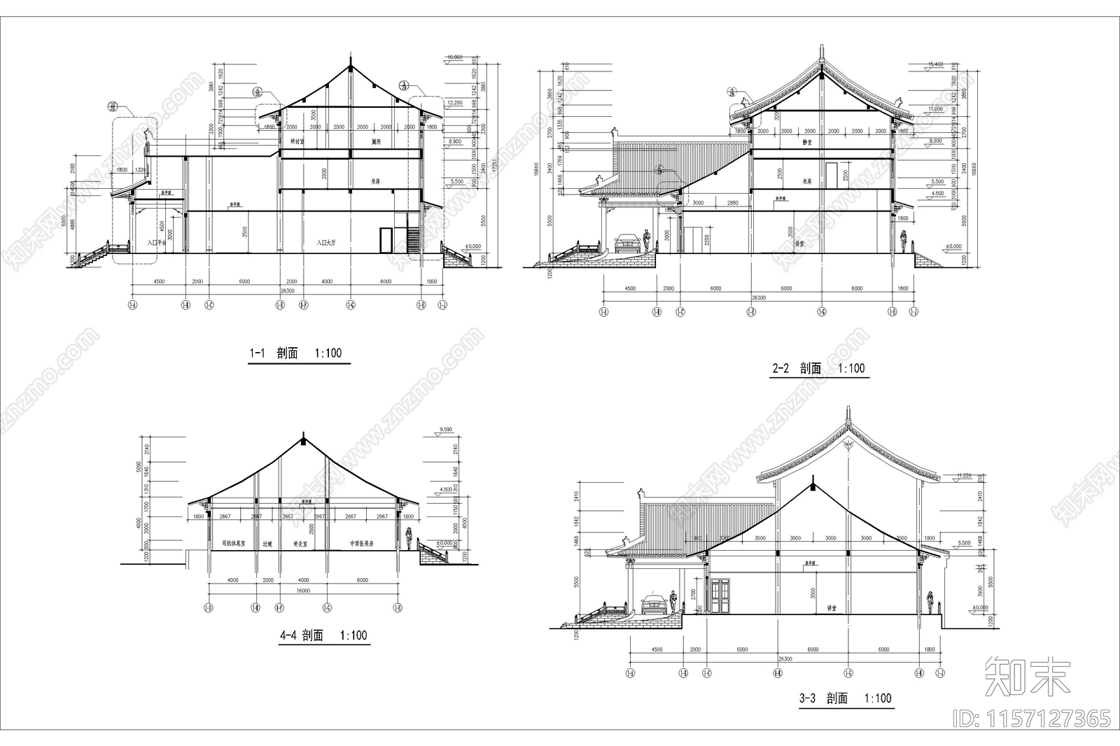 中式古建筑酒店商业中心cad施工图下载【ID:1157127365】