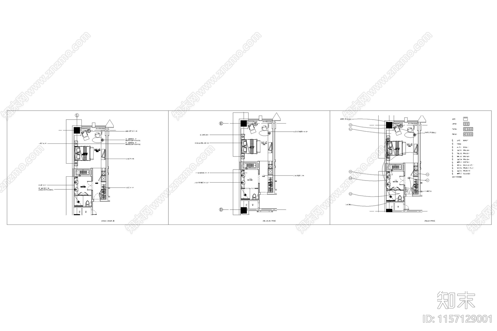 酒店标准单人房平立面全施工图下载【ID:1157129001】