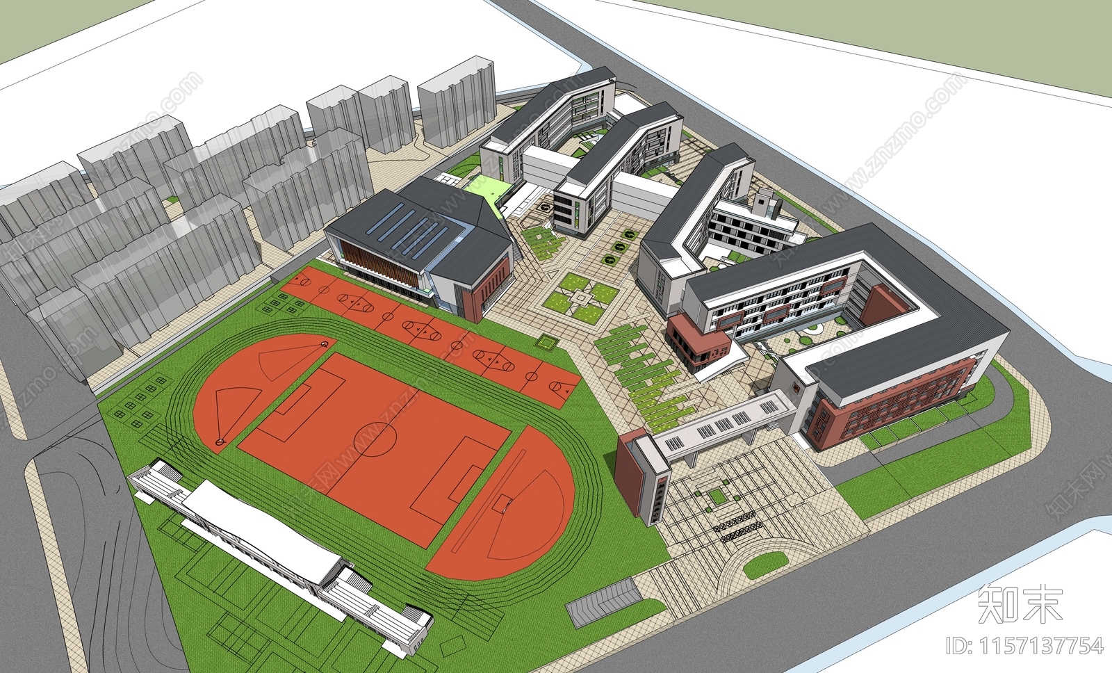 新中式校园建筑SU模型下载【ID:1157137754】