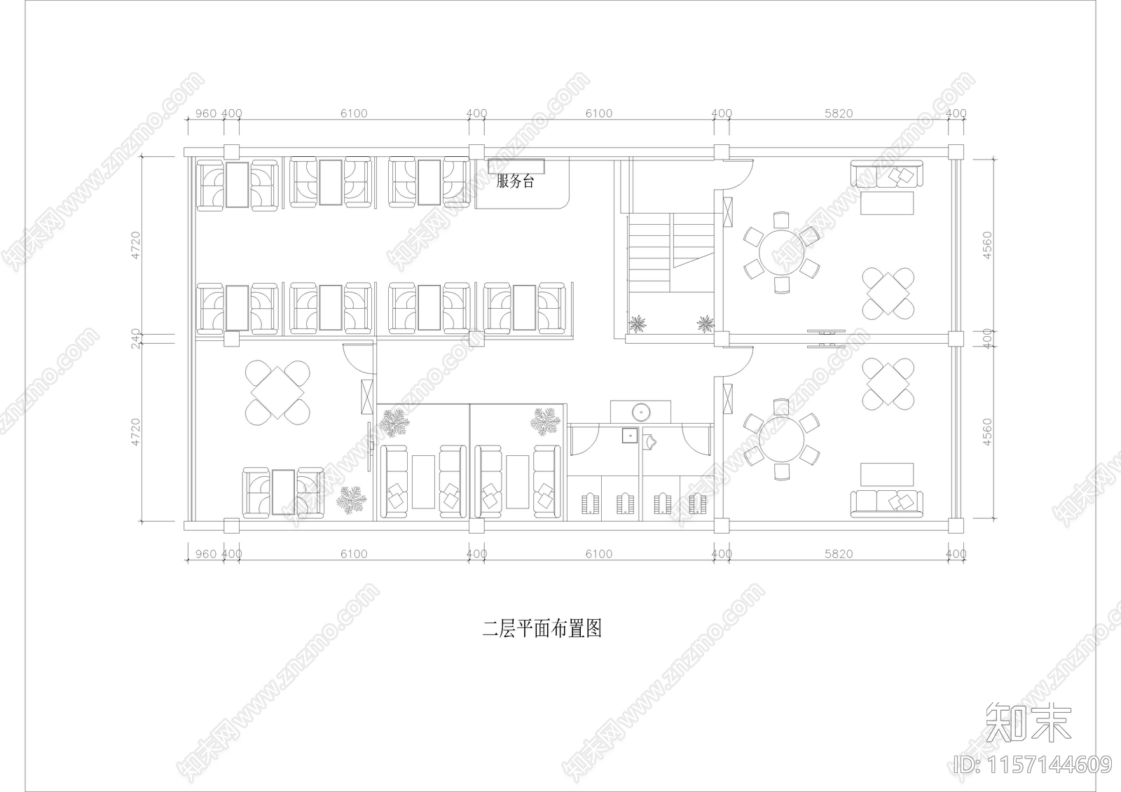 640㎡茶楼茶馆cad施工图下载【ID:1157144609】