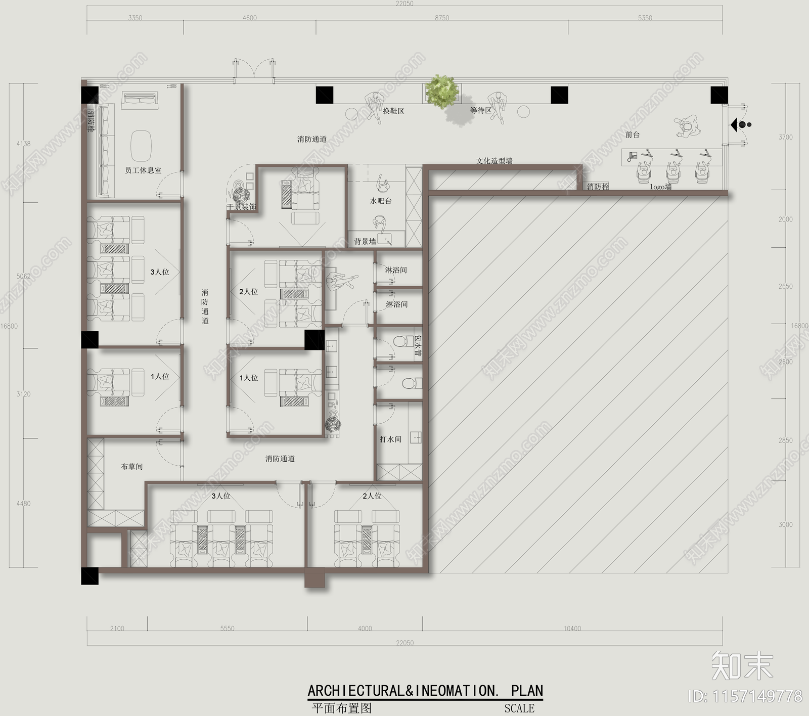 200平足浴店平面布局设计cad施工图下载【ID:1157149778】