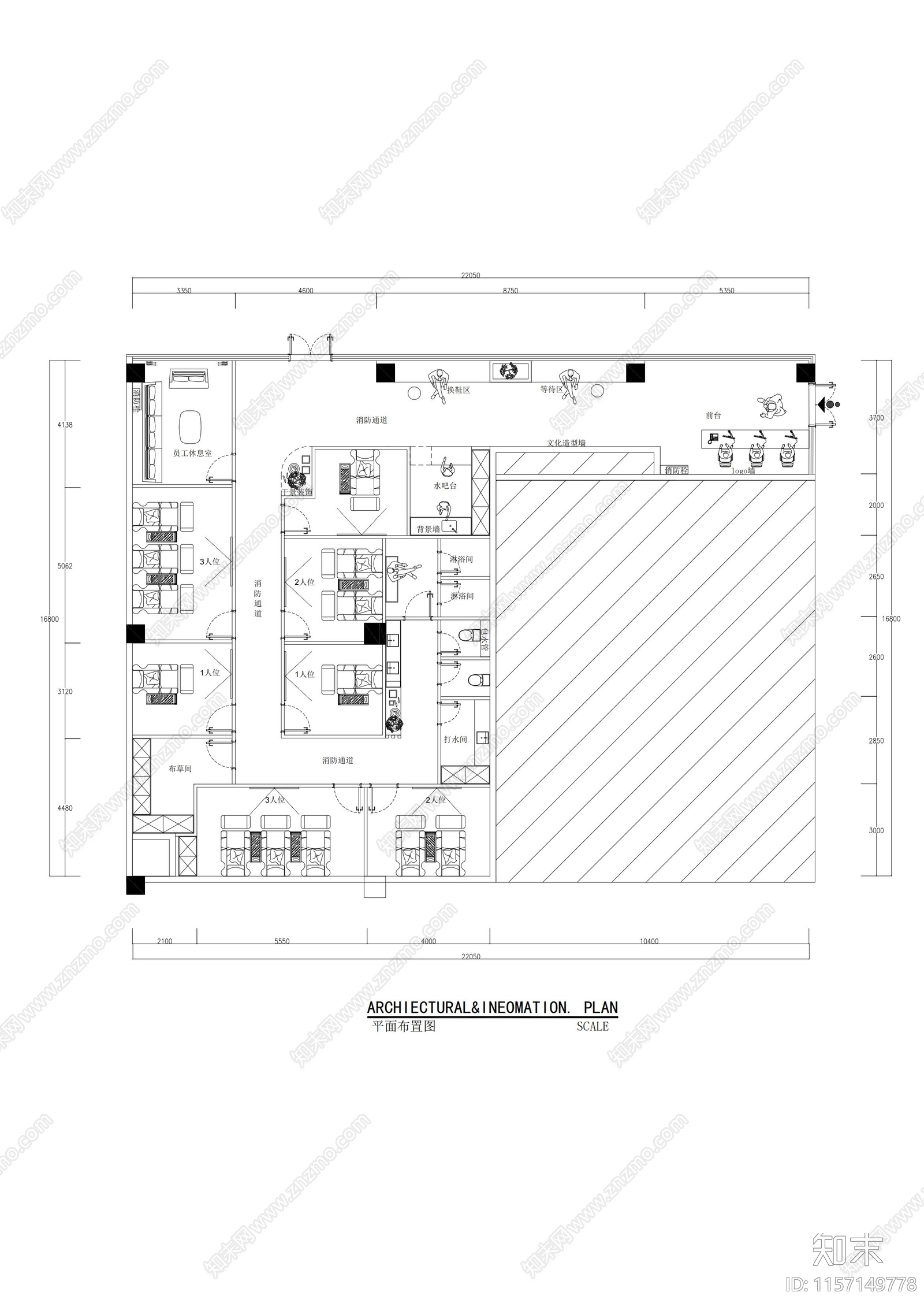 200平足浴店平面布局设计cad施工图下载【ID:1157149778】