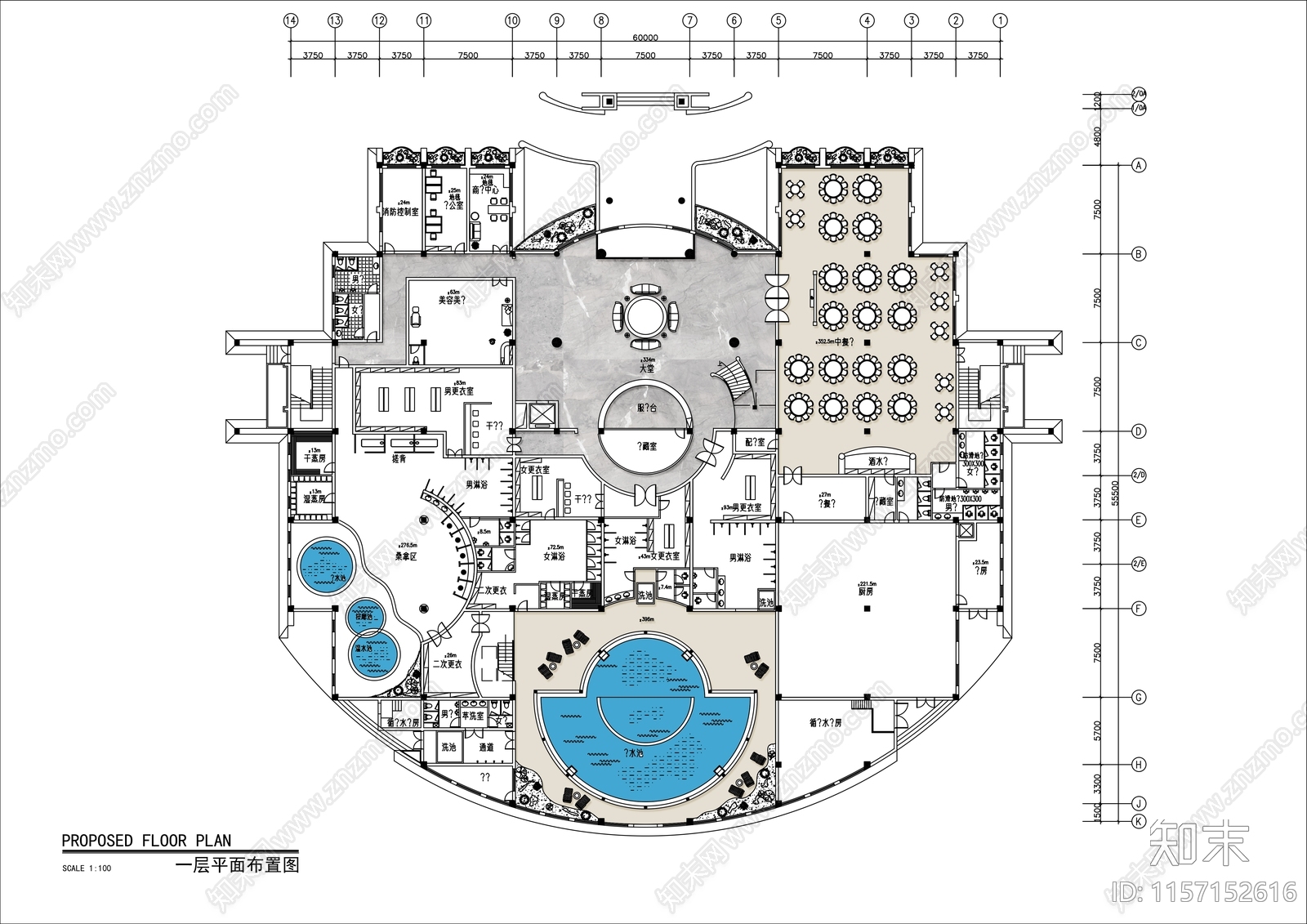 6000㎡两层洗浴中心平面布置图施工图下载【ID:1157152616】