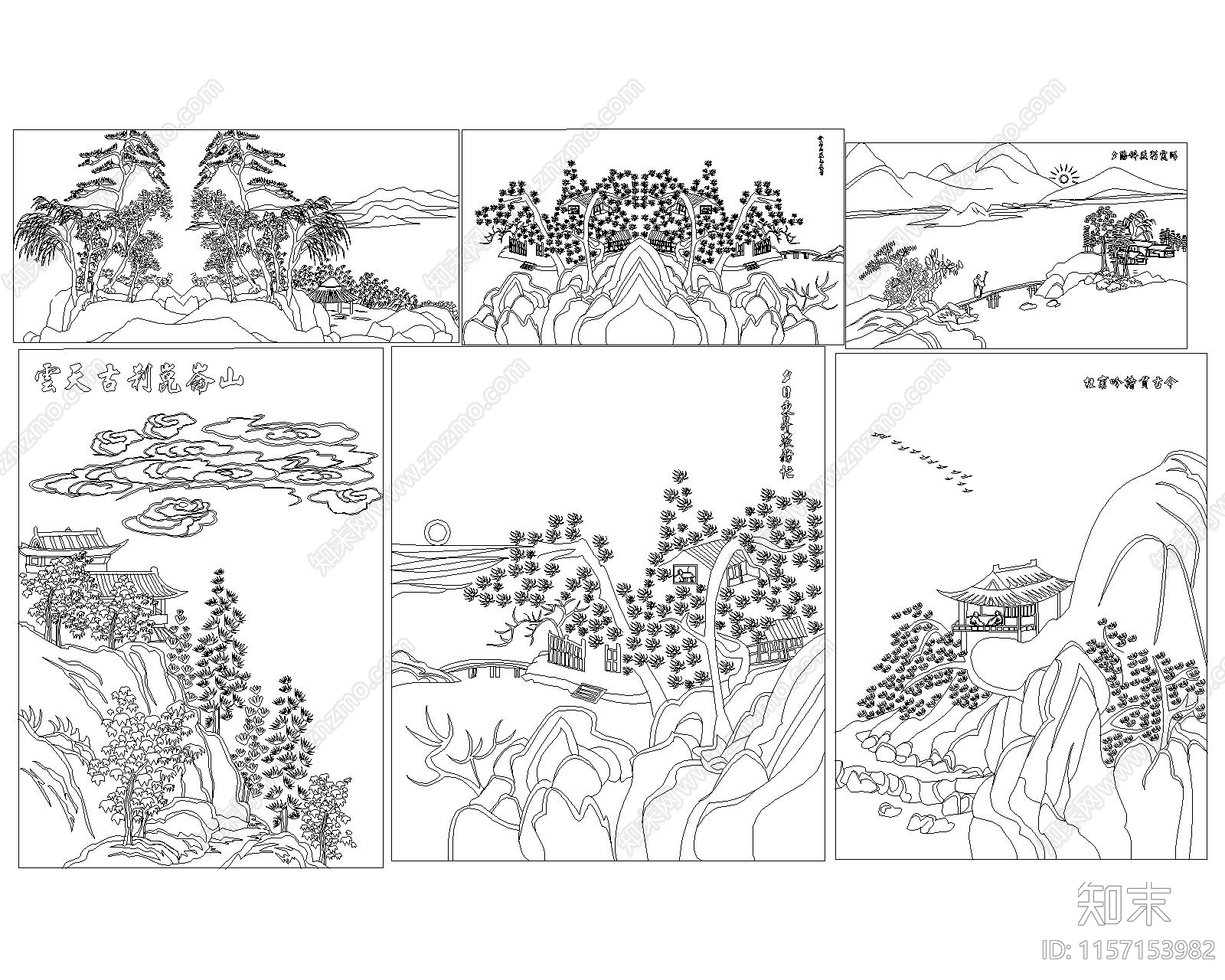 山水风景雕花背景cad施工图下载【ID:1157153982】