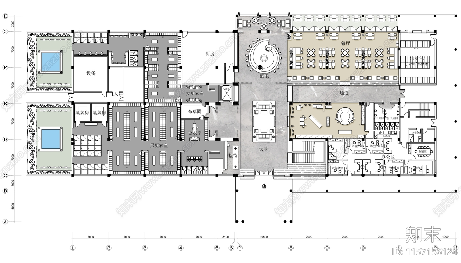 2500㎡温泉酒店综合层平面布置图施工图下载【ID:1157156124】