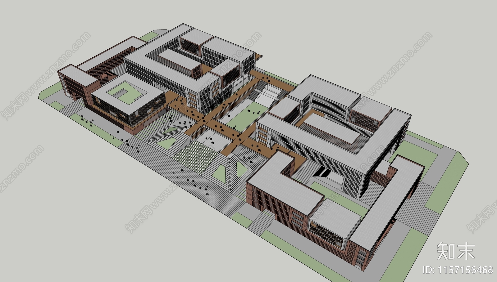 现代学校综合楼群建筑SU模型下载【ID:1157156468】