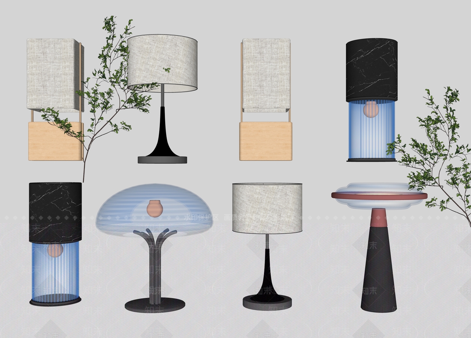 现代创意长虹玻璃台灯组合SU模型下载【ID:1157161879】