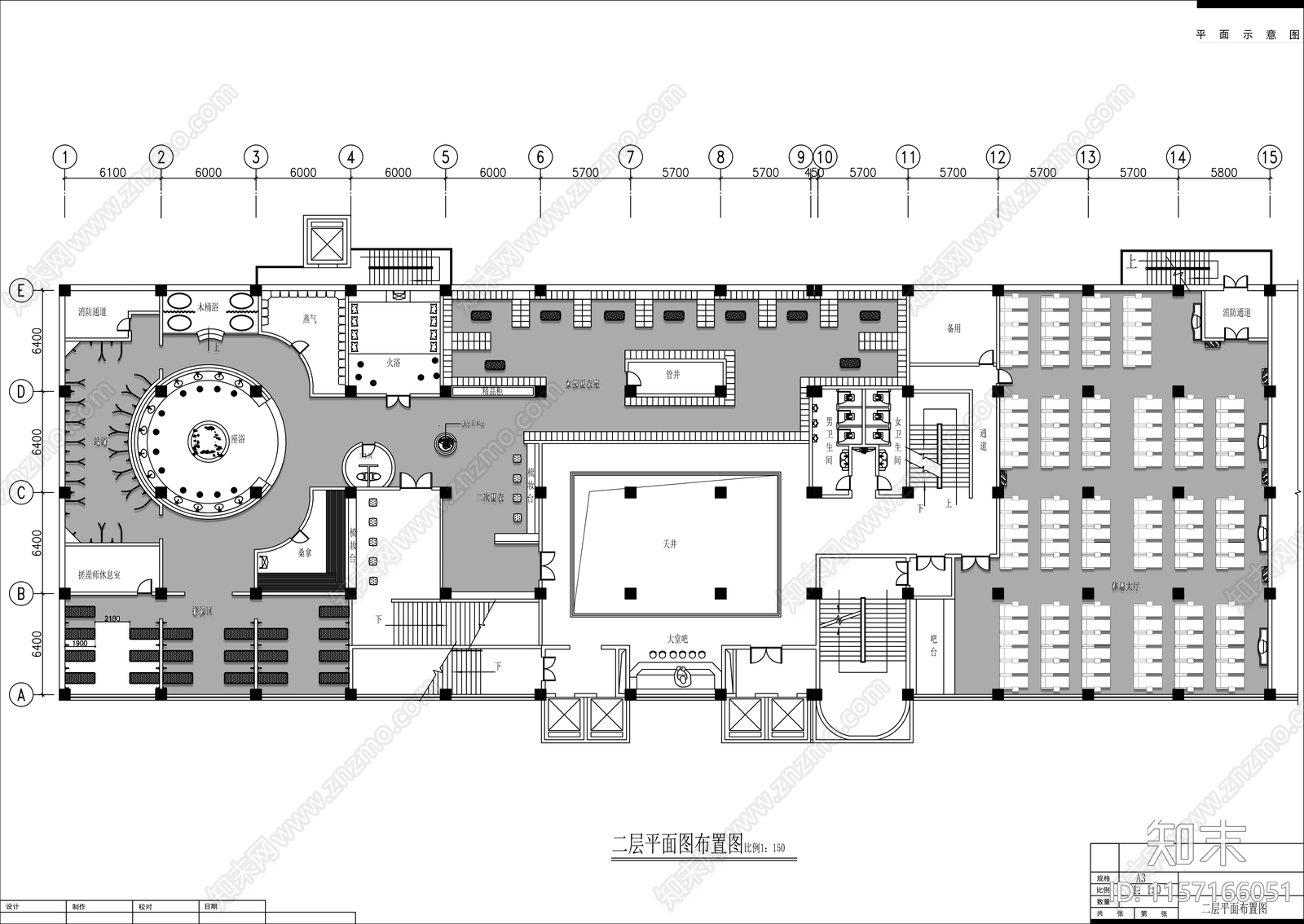 2000㎡洗浴中cad施工图下载【ID:1157166051】