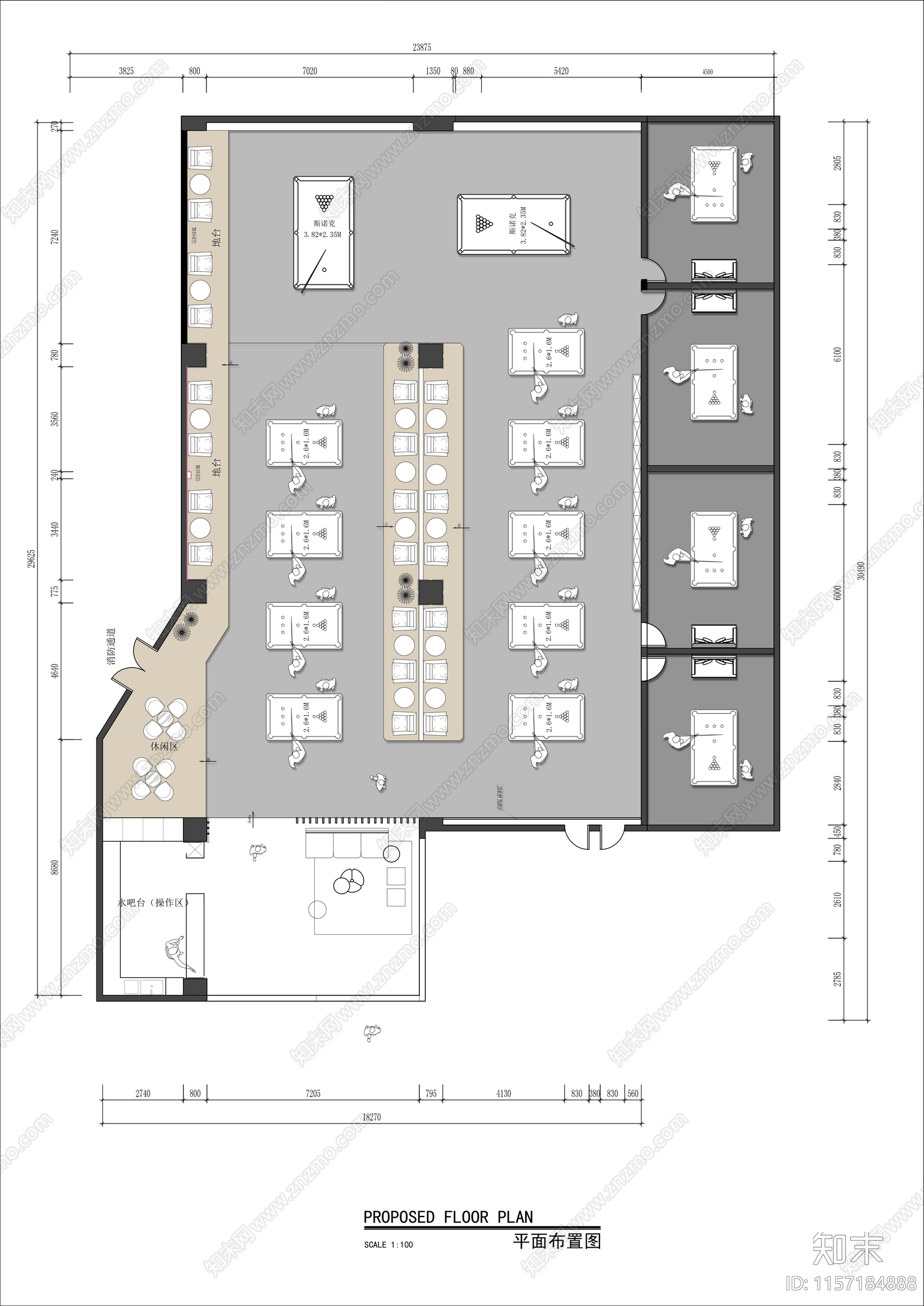 500㎡台球室平面布置图施工图下载【ID:1157184888】