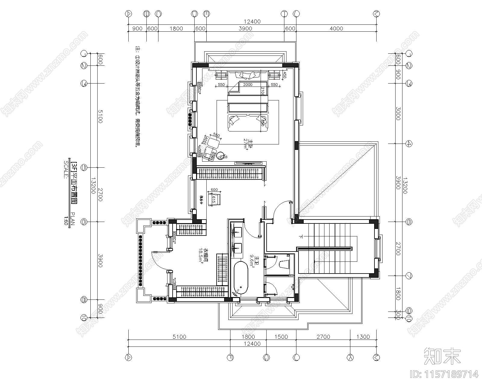 现代别墅卧室层装cad施工图下载【ID:1157189714】