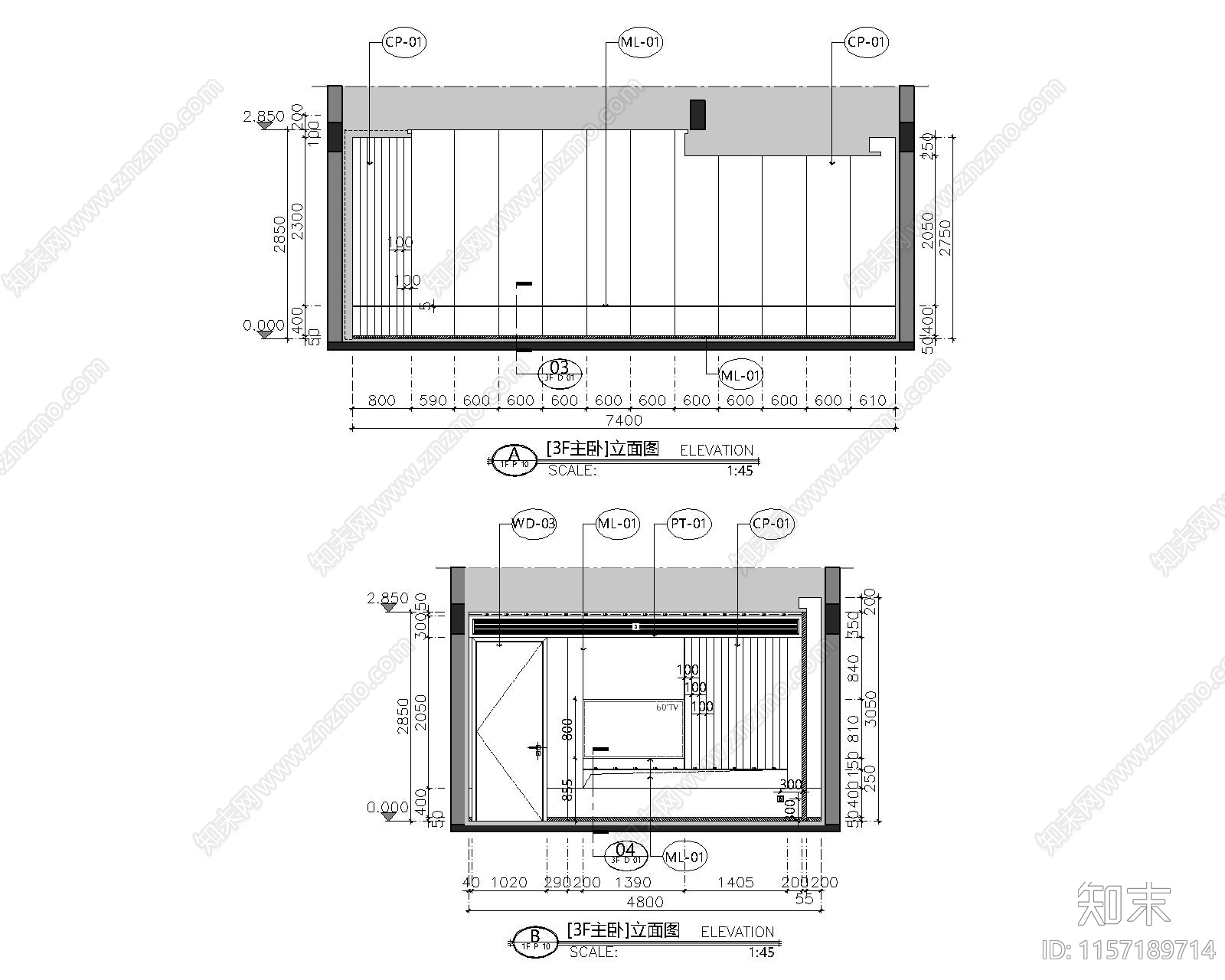 现代别墅卧室层装cad施工图下载【ID:1157189714】