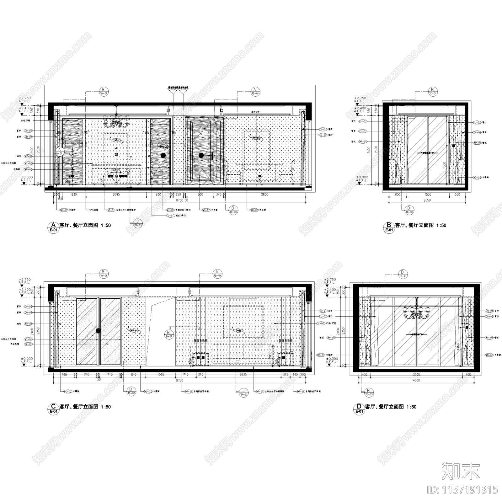 简欧现代南京江心洲AB户型样板间室内家装cad施工图下载【ID:1157191315】