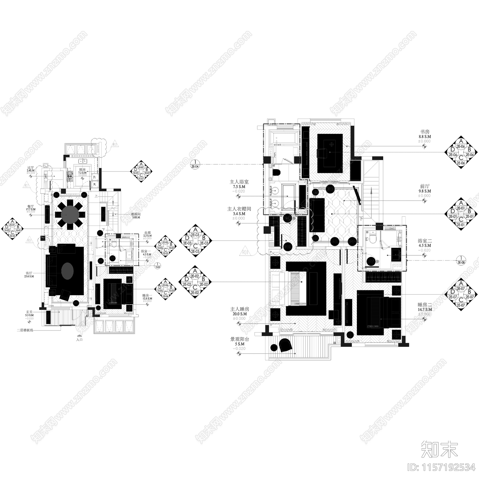 简欧现代苏州雅居乐相城四拼叠墅二层别墅室内家装cad施工图下载【ID:1157192534】