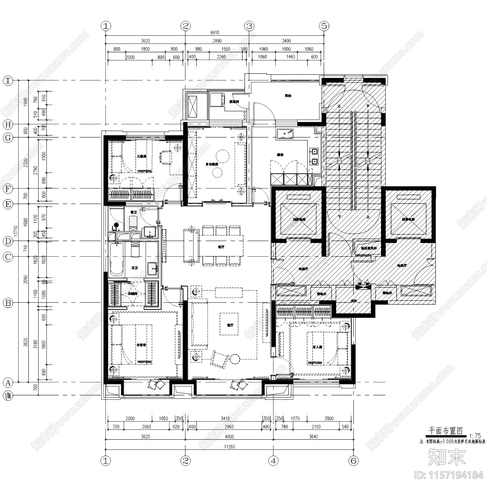 法式新中式北京万科翡翠长安140户型室内家装cad施工图下载【ID:1157194184】