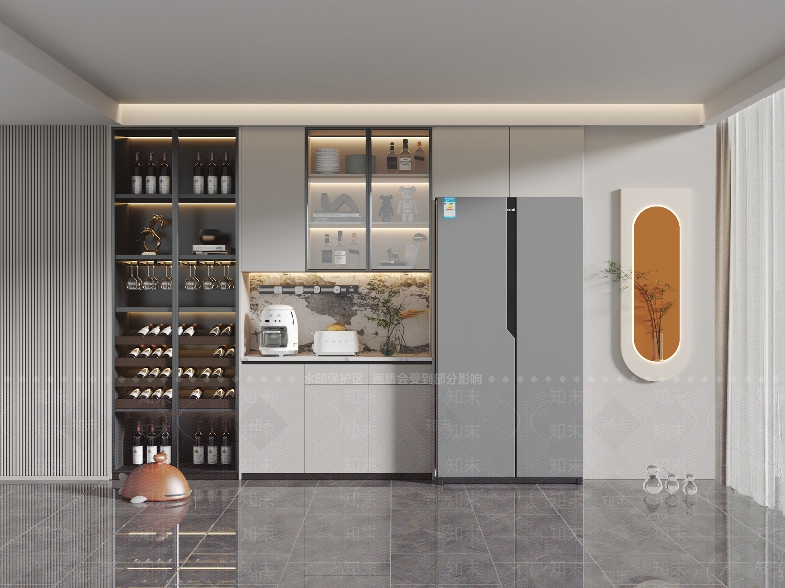 现代酒柜冰箱一体柜SU模型下载【ID:1157210635】