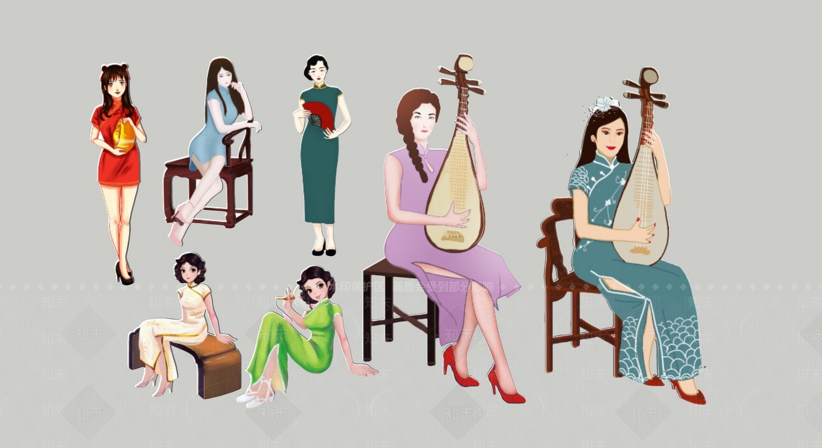 2D现代旗袍美女古典美女民国美女剪影SU模型下载【ID:1157219129】