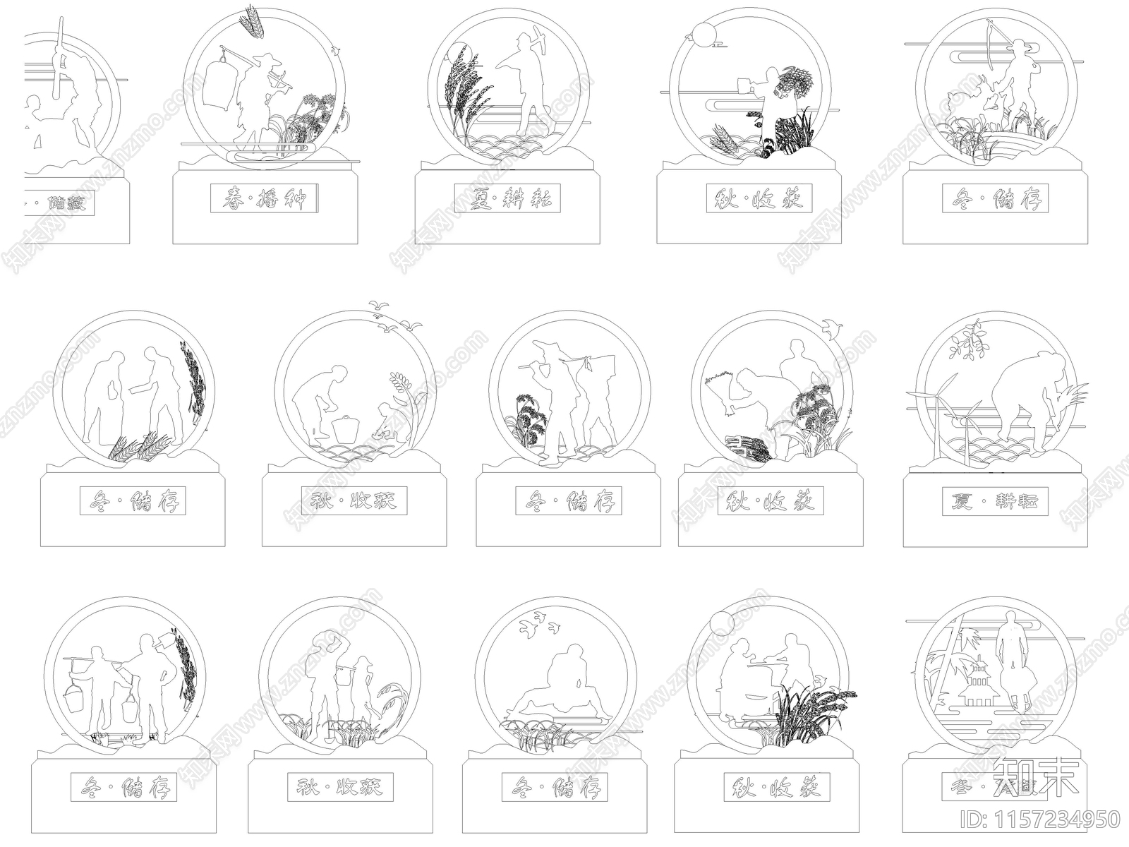 乡村农耕文化锈板剪影雕塑小品图库cad施工图下载【ID:1157234950】