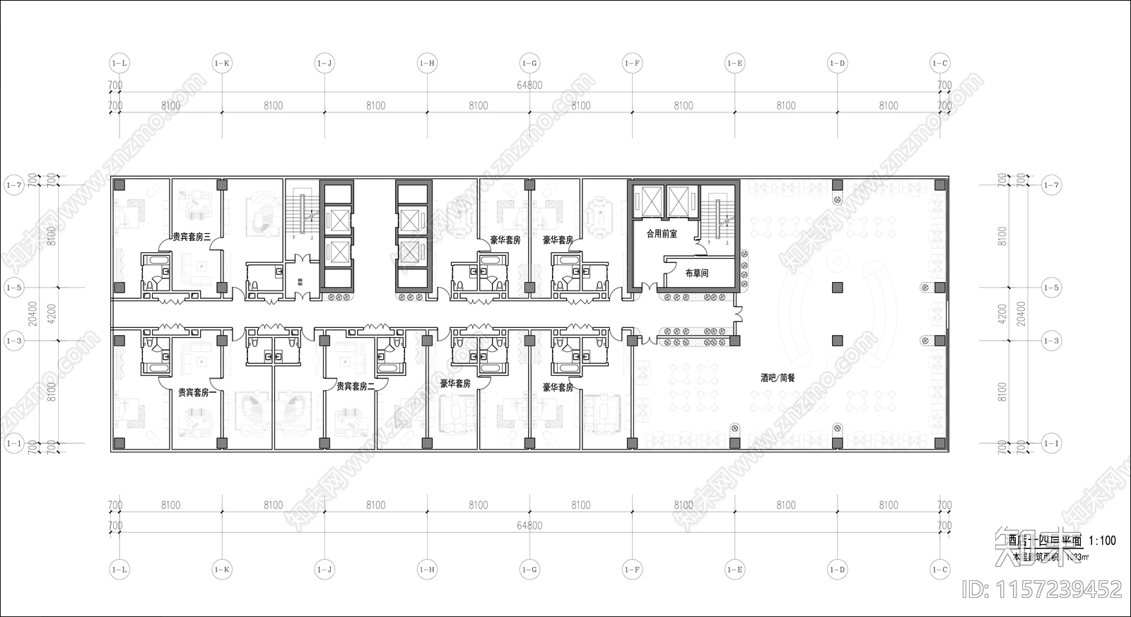 酒店平面图cad施工图下载【ID:1157239452】