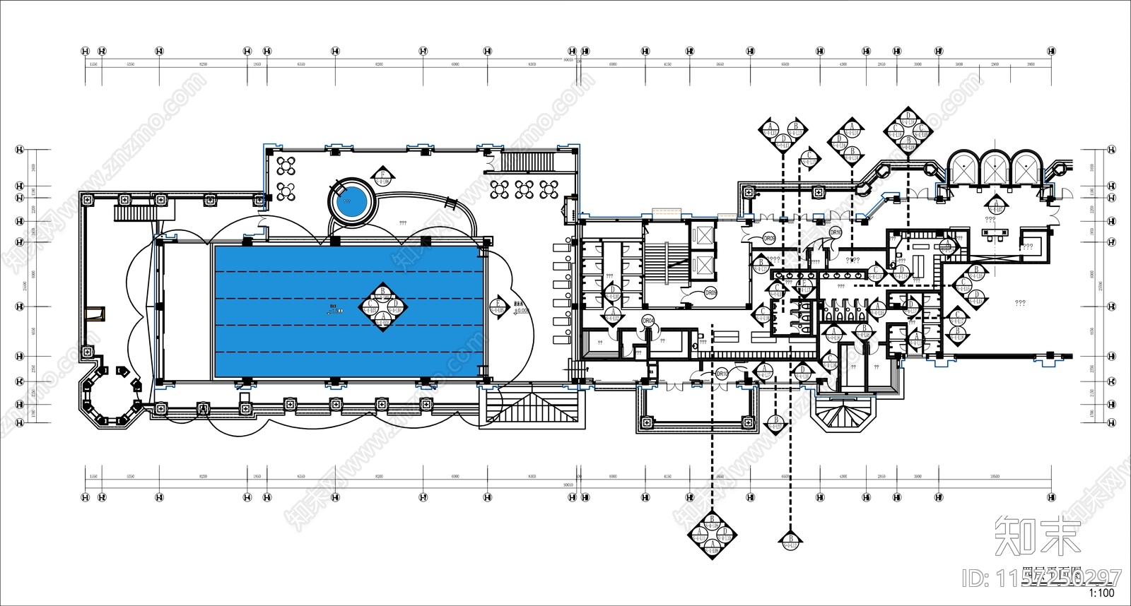 会所游泳池全cad施工图下载【ID:1157250297】