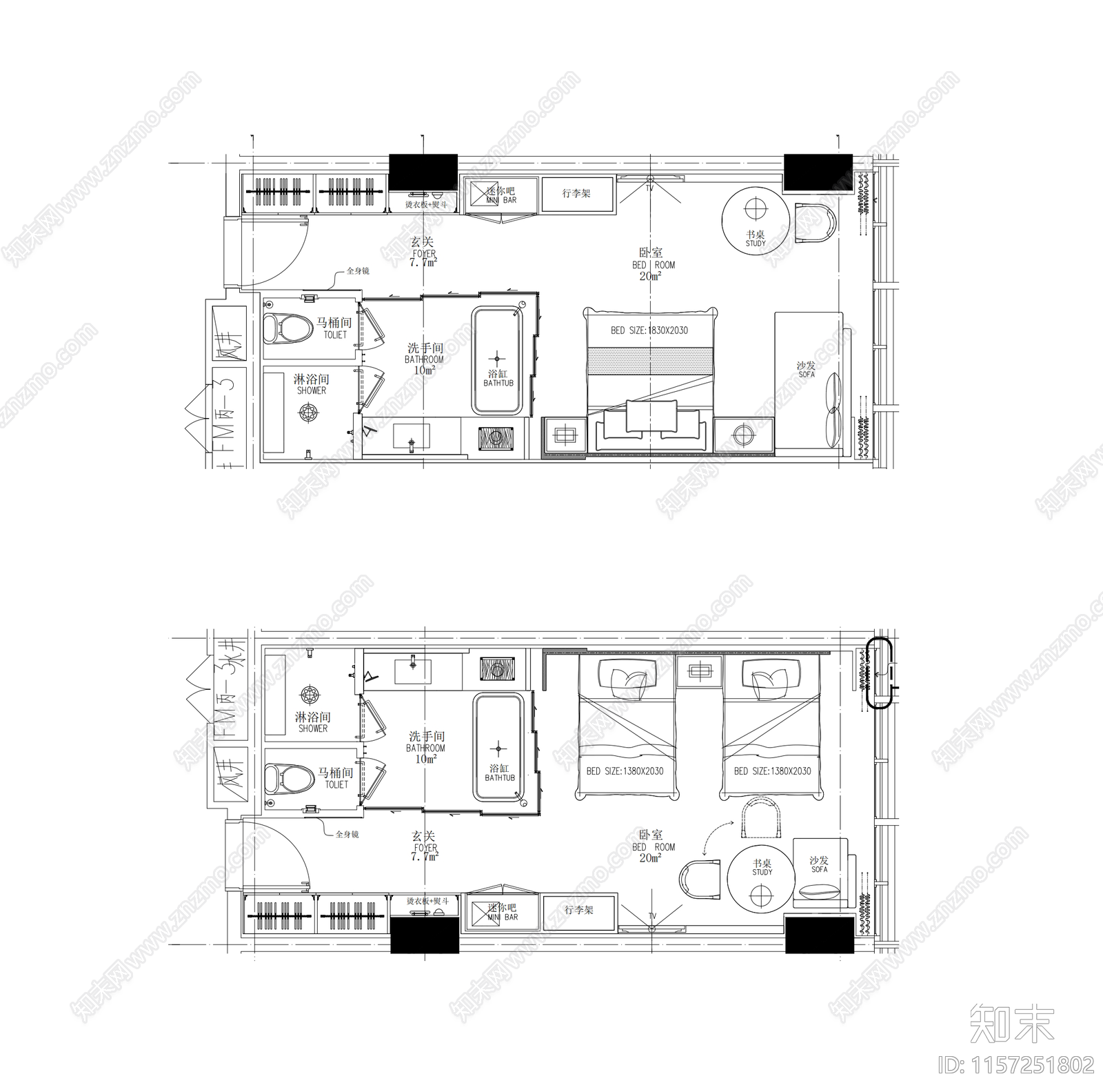 40㎡星级酒店大床房双床房样板间客房施工图下载【ID:1157251802】