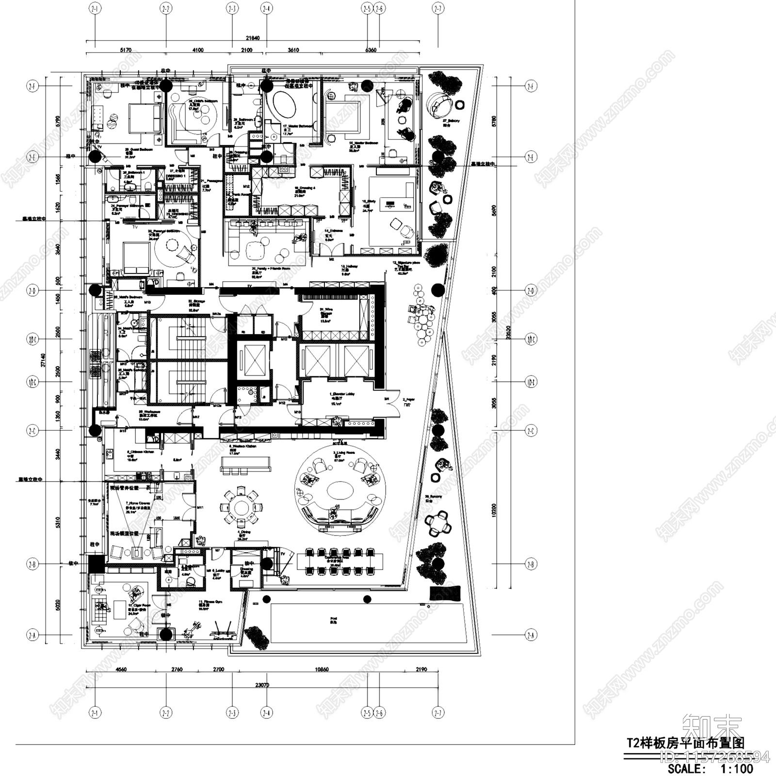 现代深圳湾一号T2户型样板房室内家装cad施工图下载【ID:1157268594】