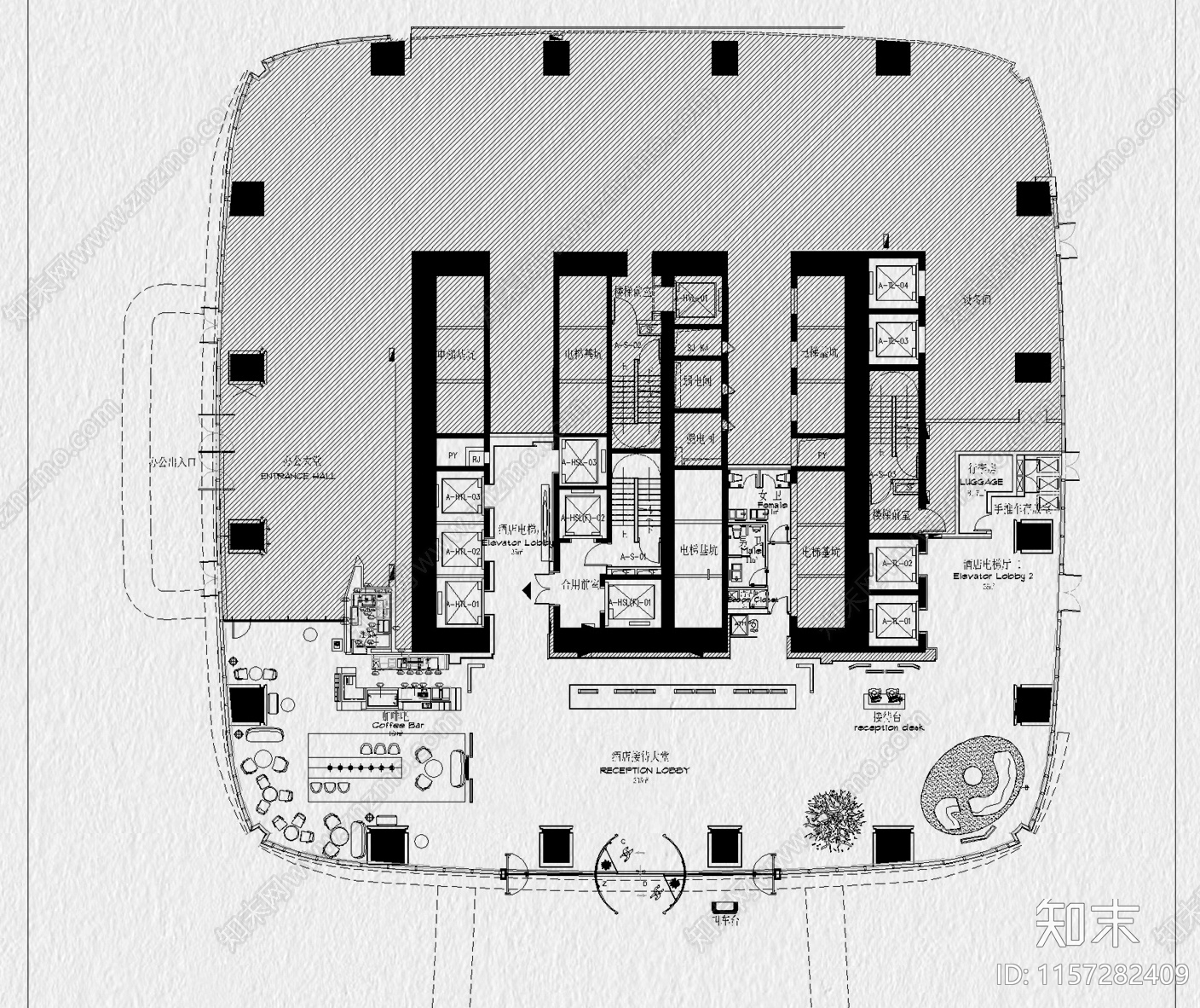 酒店大堂设计平面布置图大厅宾馆旅馆布局案例方案施工图下载【ID:1157282409】