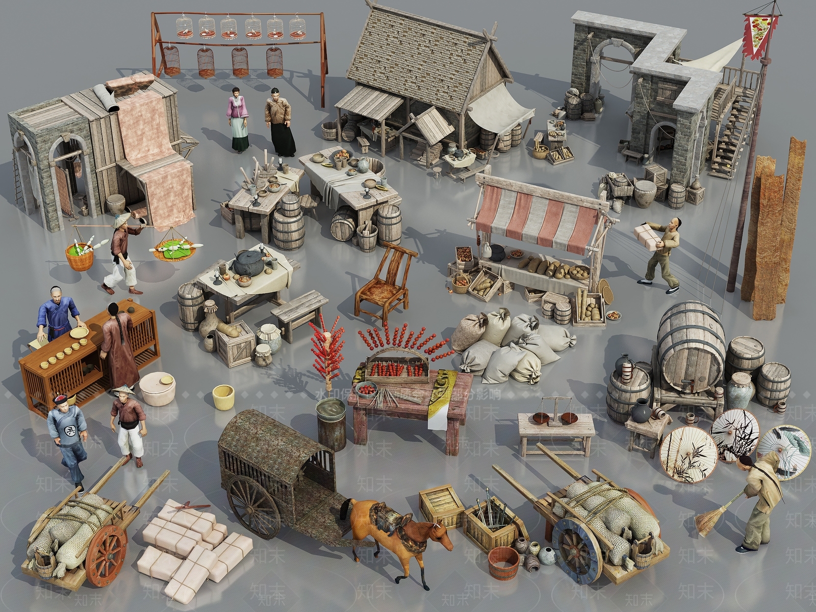 古代商业街小品3D模型下载【ID:1157282756】