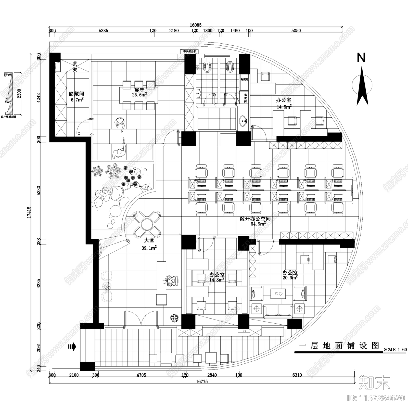 园博1号二层办公室室内工装平面CA施工图下载【ID:1157284620】