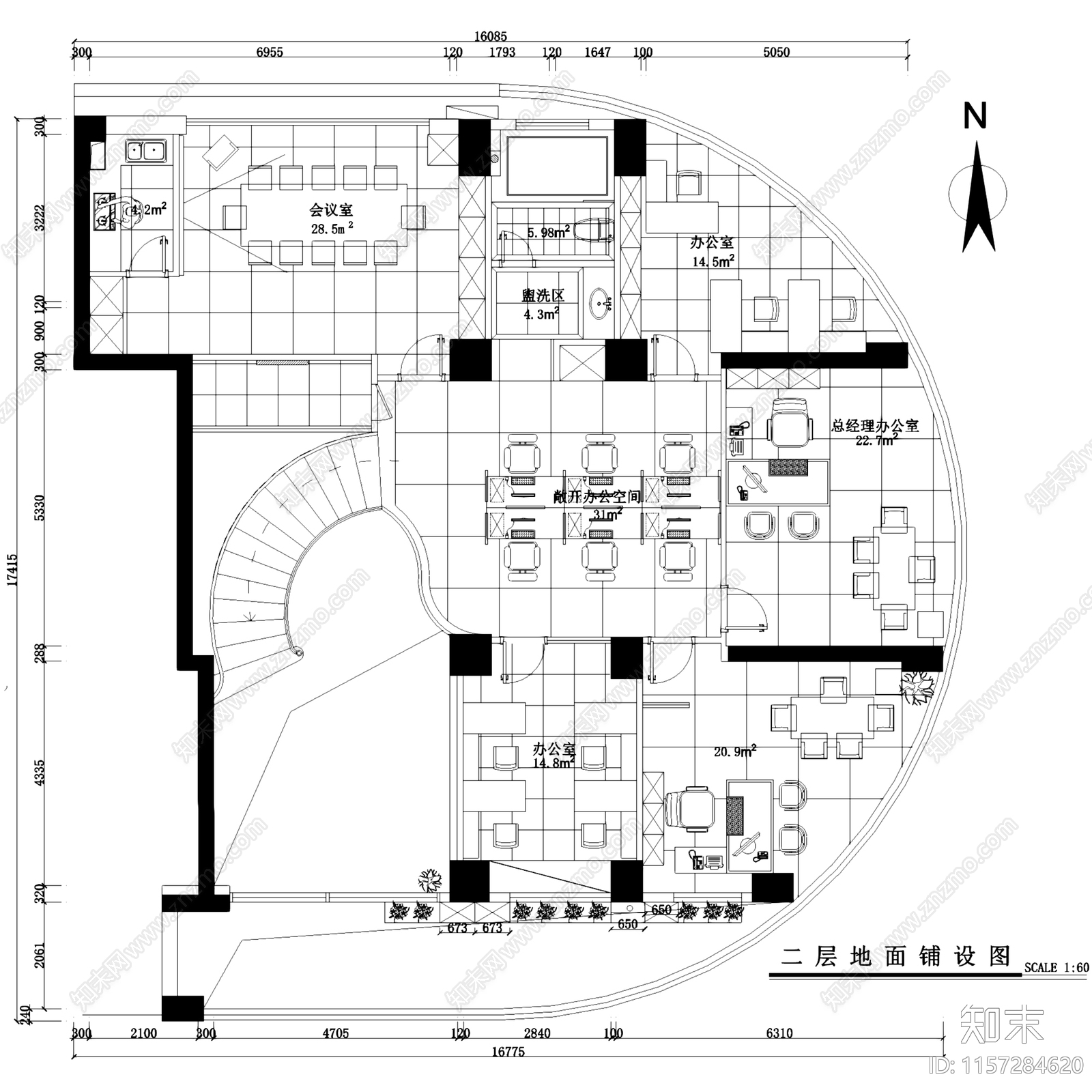 园博1号二层办公室室内工装平面CA施工图下载【ID:1157284620】