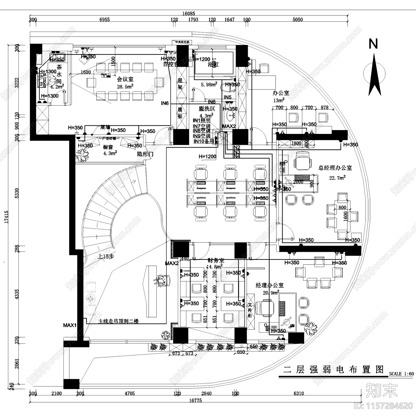 园博1号二层办公室室内工装平面CA施工图下载【ID:1157284620】